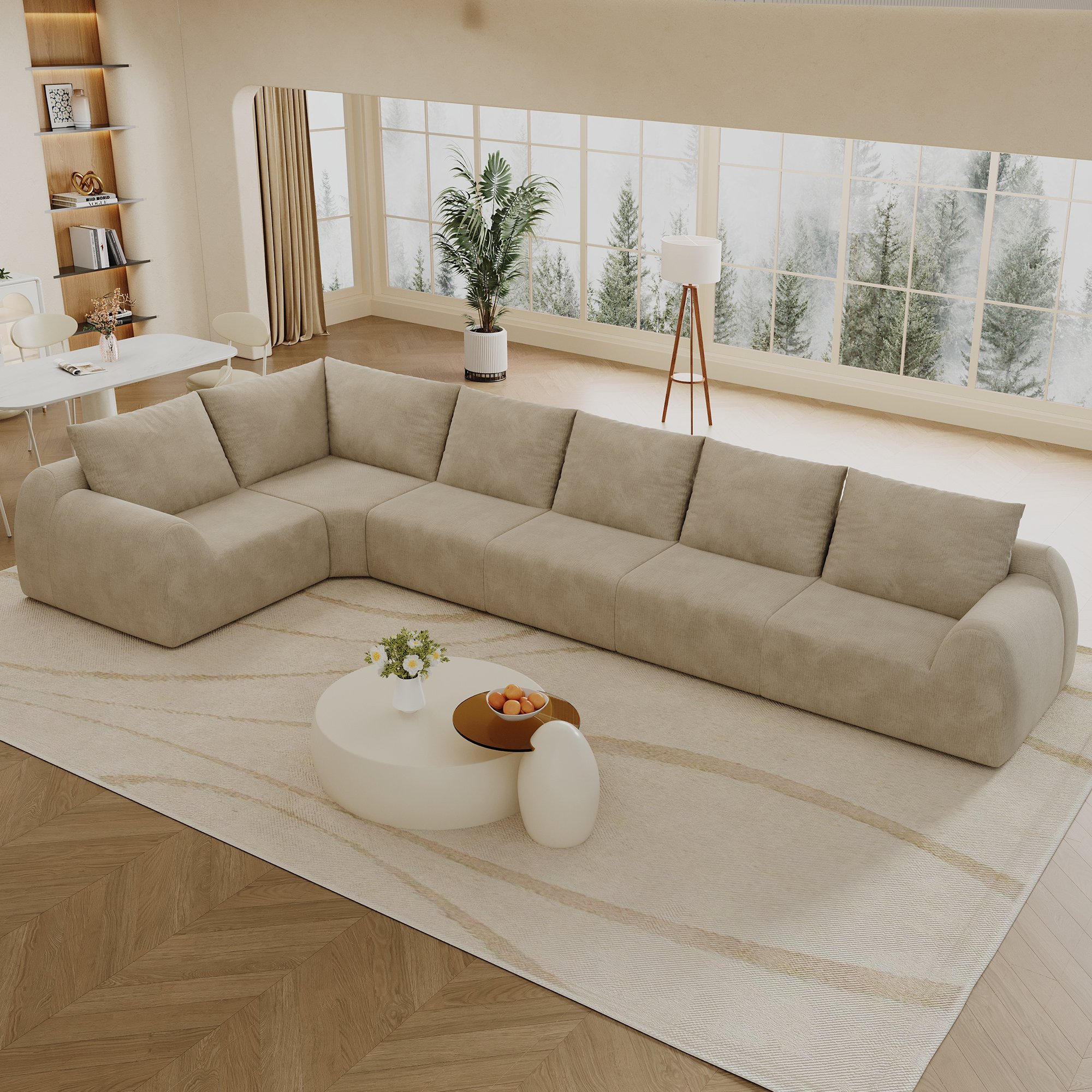 Canapé d'angle 401x200x85 cm en tissu chenille khaki, rembourrage mousse haute élasticité, sans montage requis, format compressé pour livraison facile