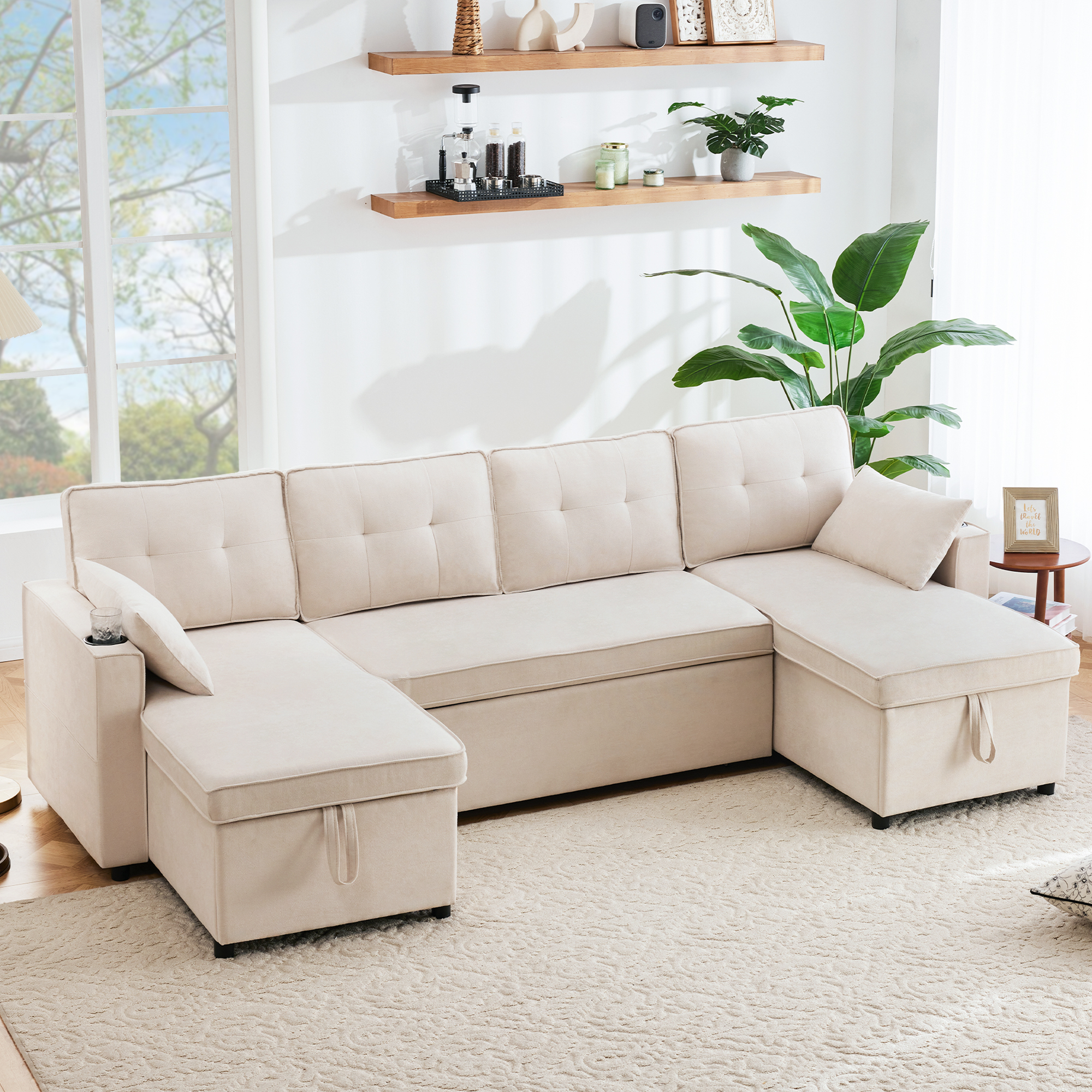 Canapé convertible 4 places tissu aspect lin beige, structure métal et coffre de rangement
