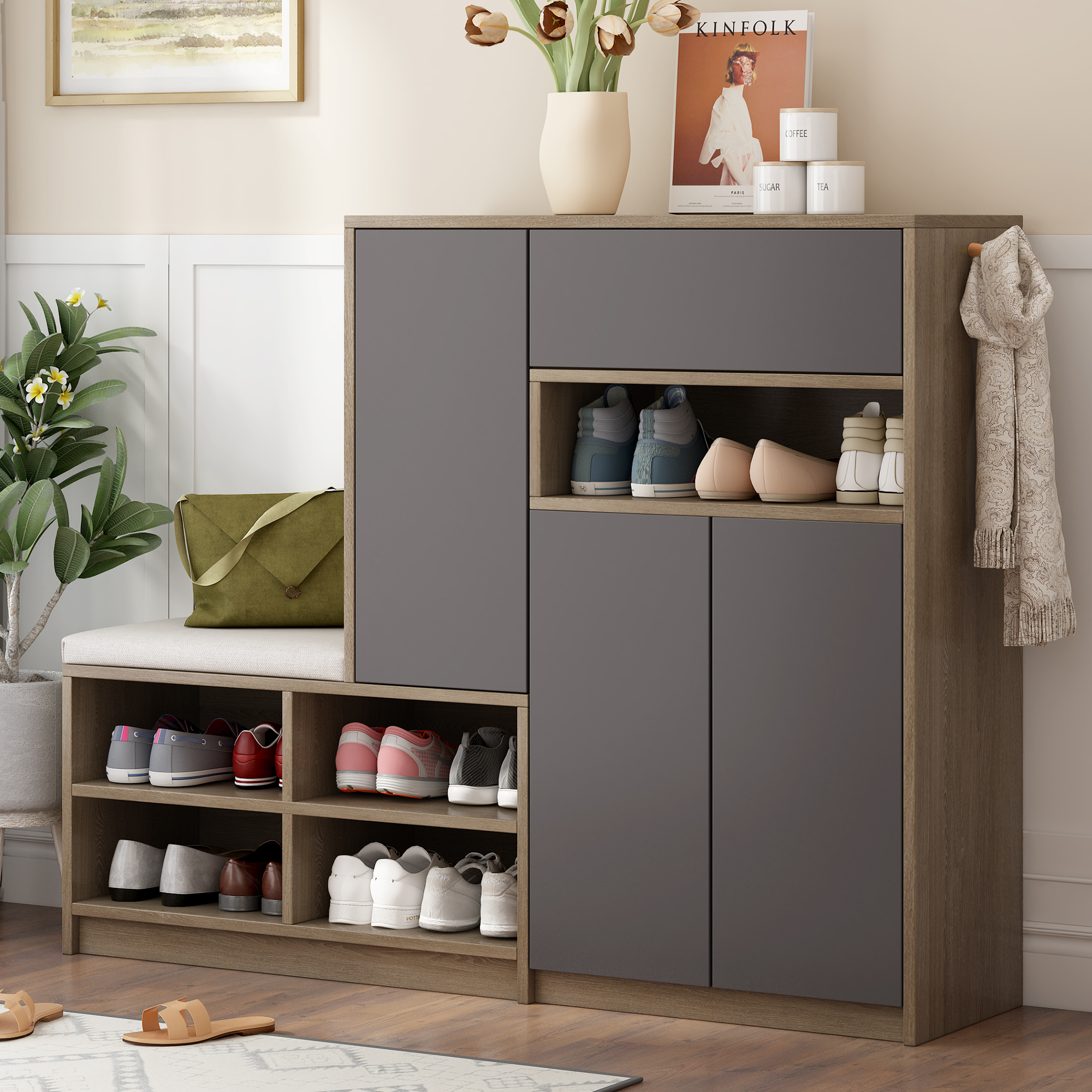Banquette meuble à chaussures avec coussin confort et portes sans poignée, capacité 20 paires, rangement flexible gris