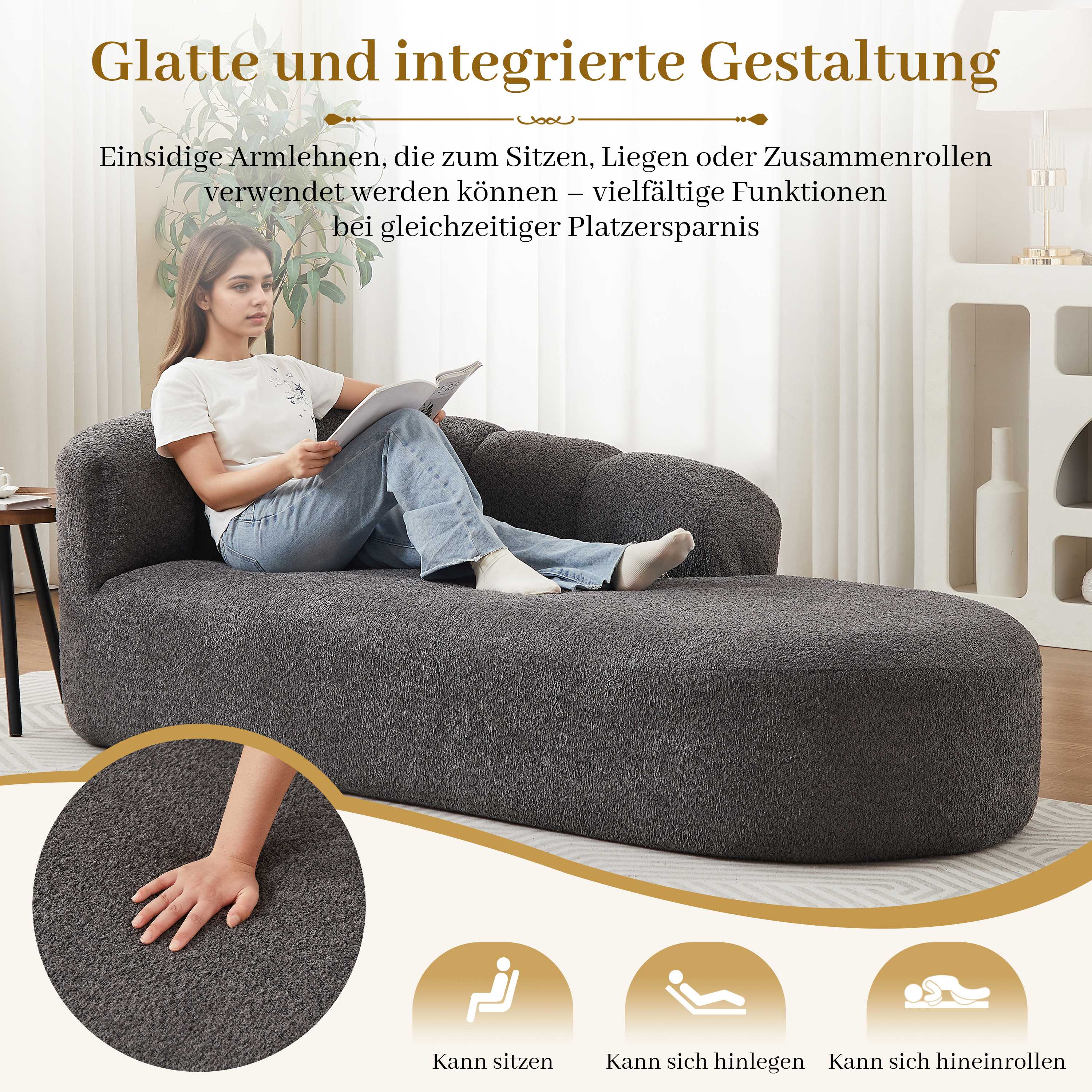 Chaise longue anthracite en chenille avec dossier ondulé sans accoudoirs, fauteuil relax moderne pour salon et chambre, style minimaliste