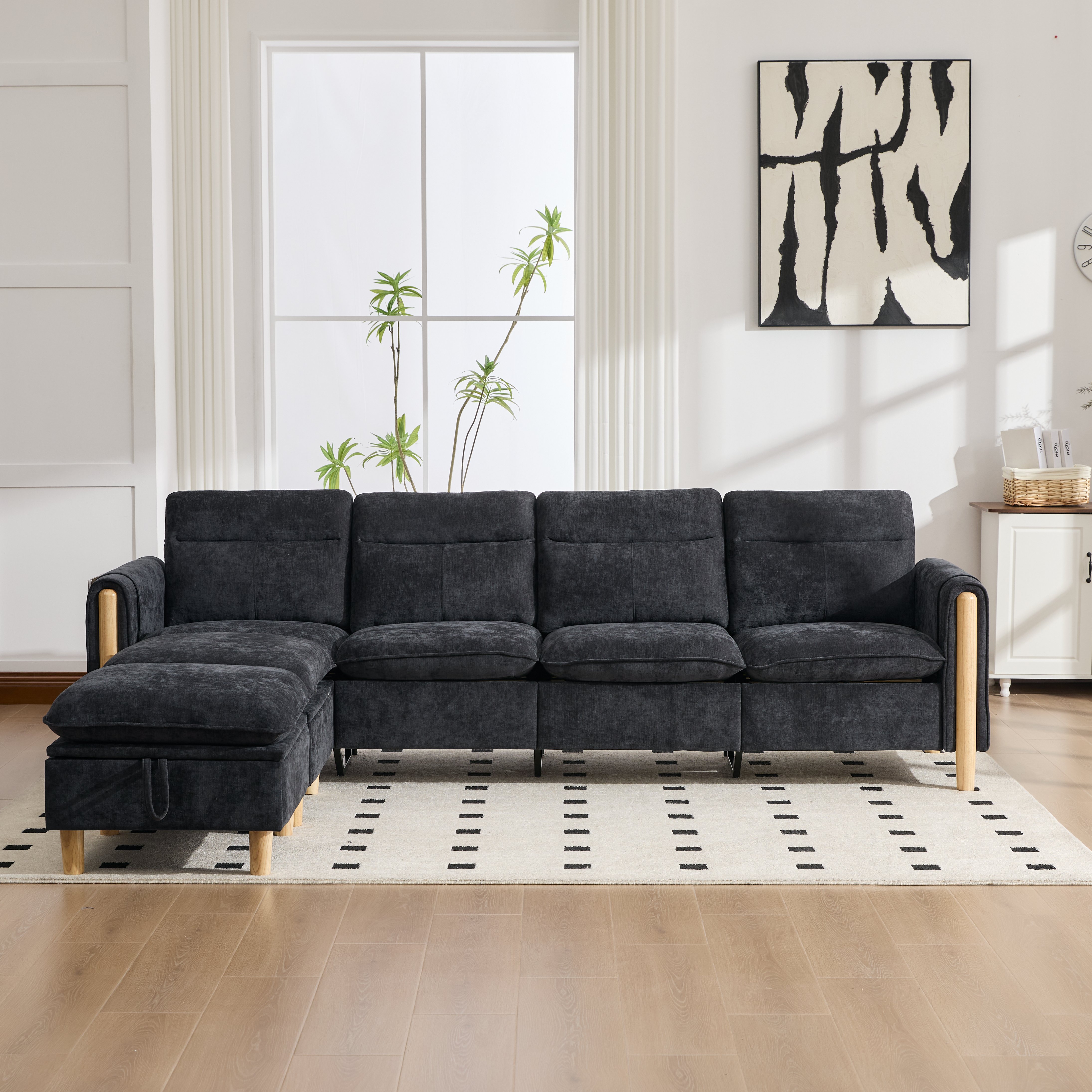 Canapé modulable 4 places avec 2 poufs et rangement, configuration en U ou en L pour salon