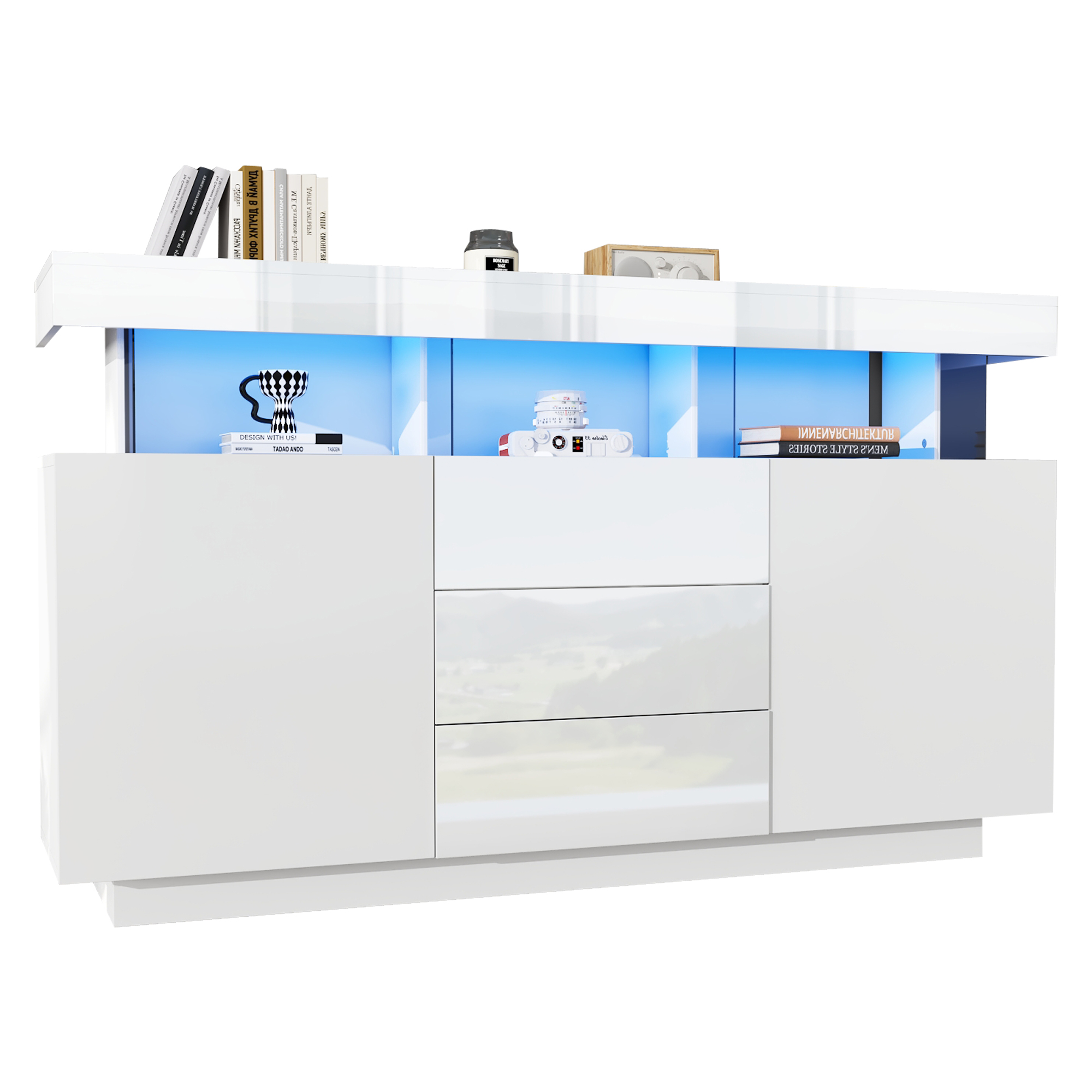 Buffet Blanc Laqué avec LED et Tiroirs, Meuble de Rangement Moderne 140x35x80 cm pour Cuisine Design ou Entrée Lumineuse