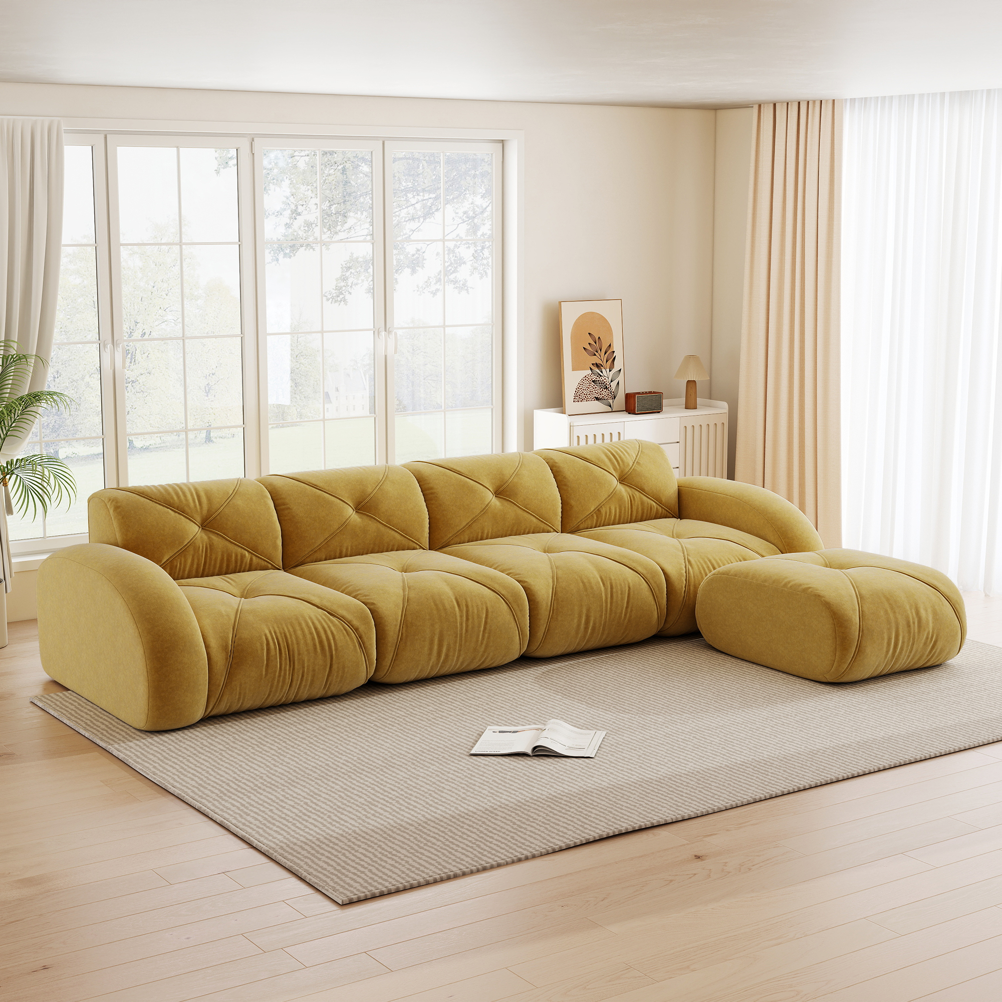 Fauteuil Relax Canapé d'angle Jaune Sans Montage Repose-Pieds Extensible Mousse Haute Densité 32D