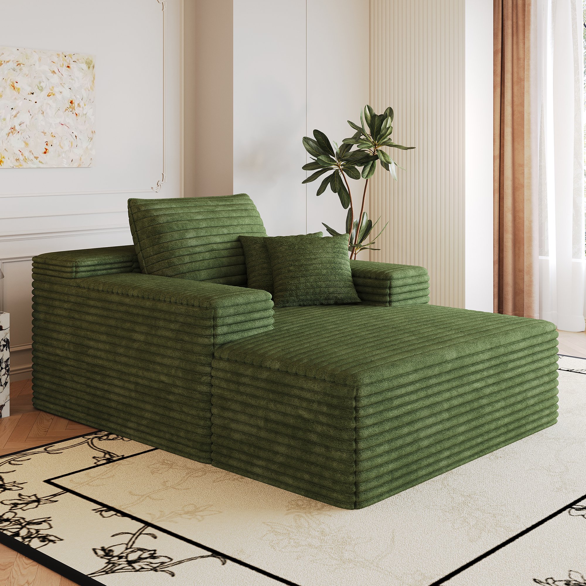 Canapé droit 115x159 cm en velours côtelé vert avec assise profonde, mousse haute élasticité et structure sans assemblage pour salon ou chambre