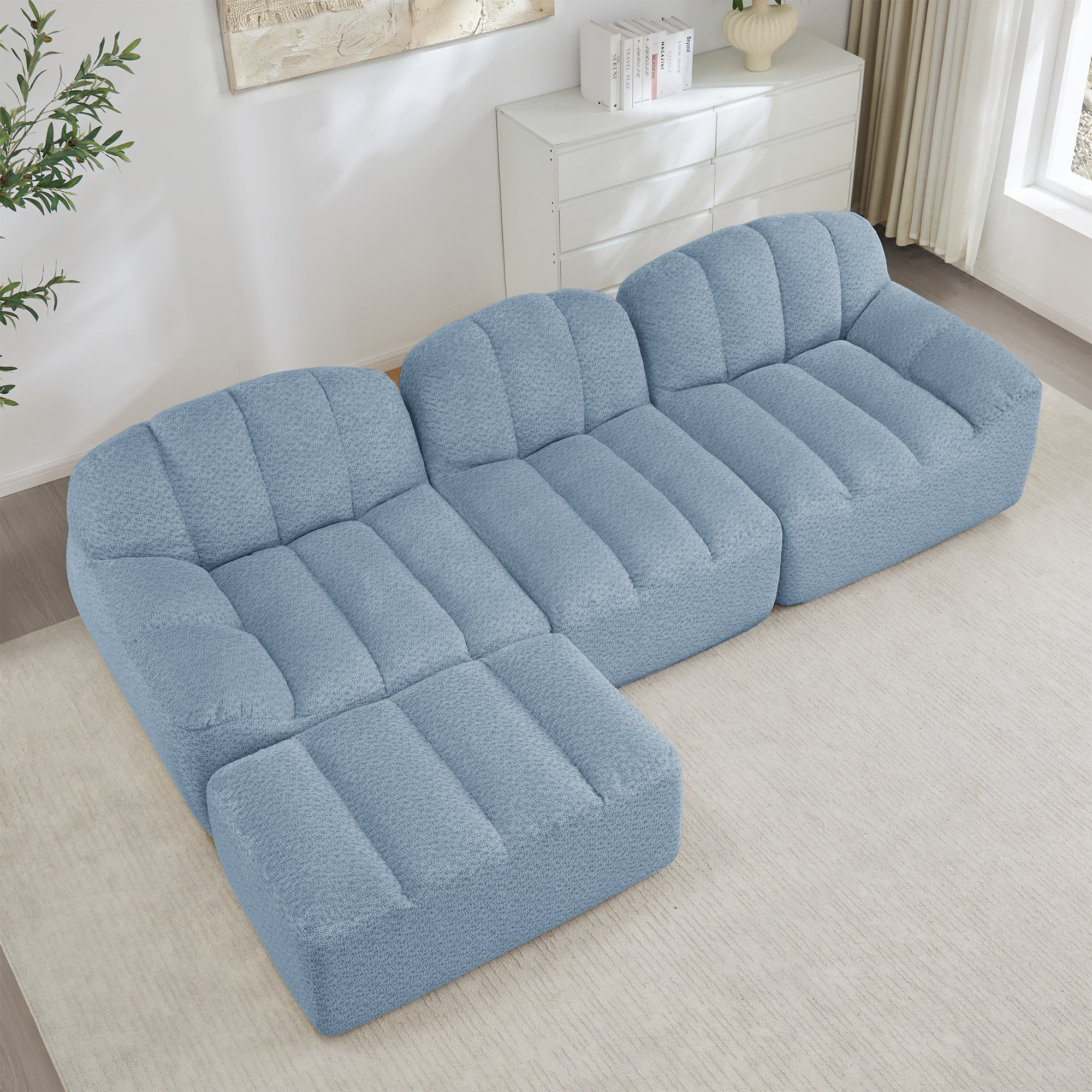 Canapé Modulable 3 Places En L Avec Ottoman, Canapé D'angle Bleu Tissu Polaire Granuleux Sans Dossier Profond Pour Salon