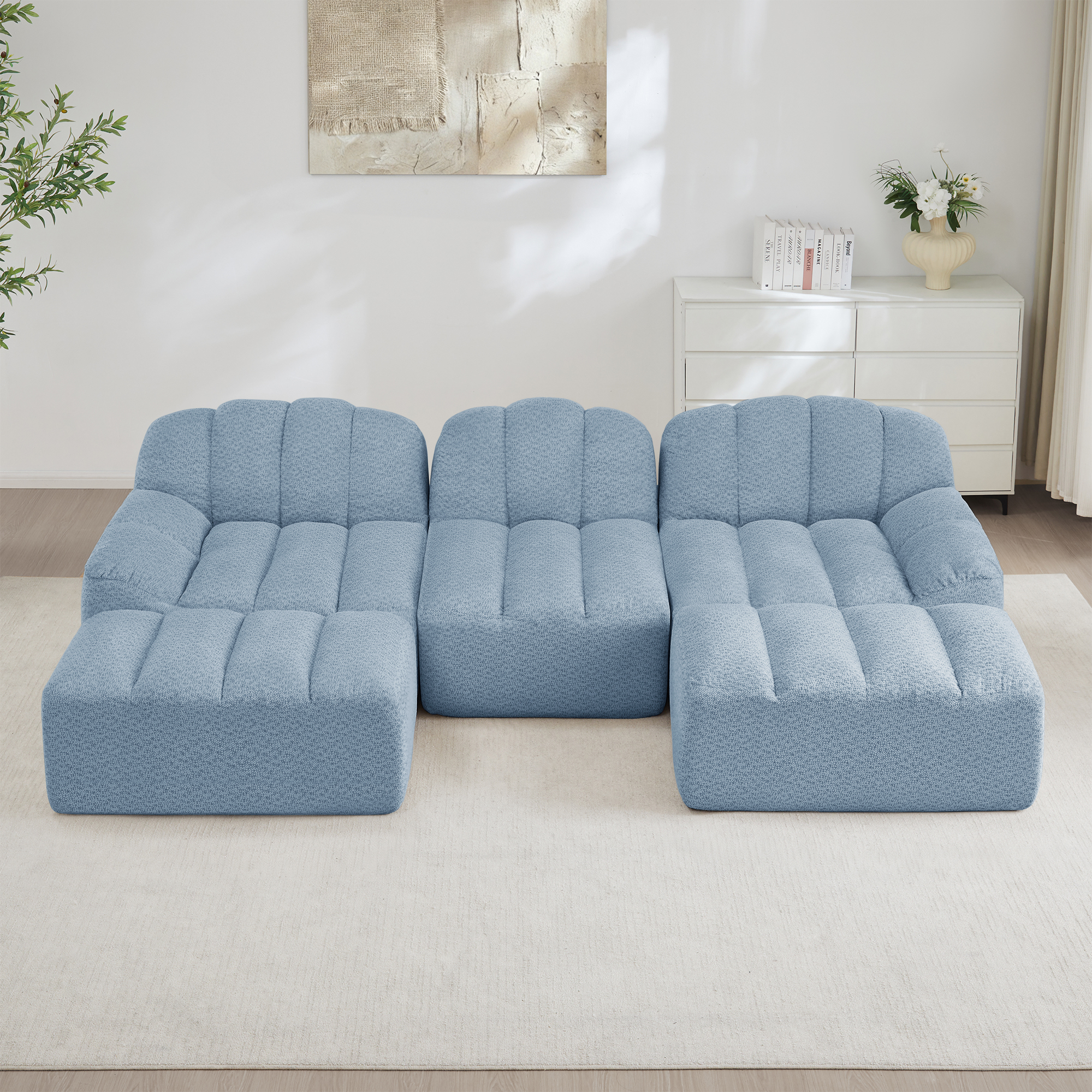 Canapé Modulable 3 Places Bleu, Dimensions 288x165x79 Cm, Canapé Panoramique En U Avec 2 Ottomans Intégrés Pour Grand Salon