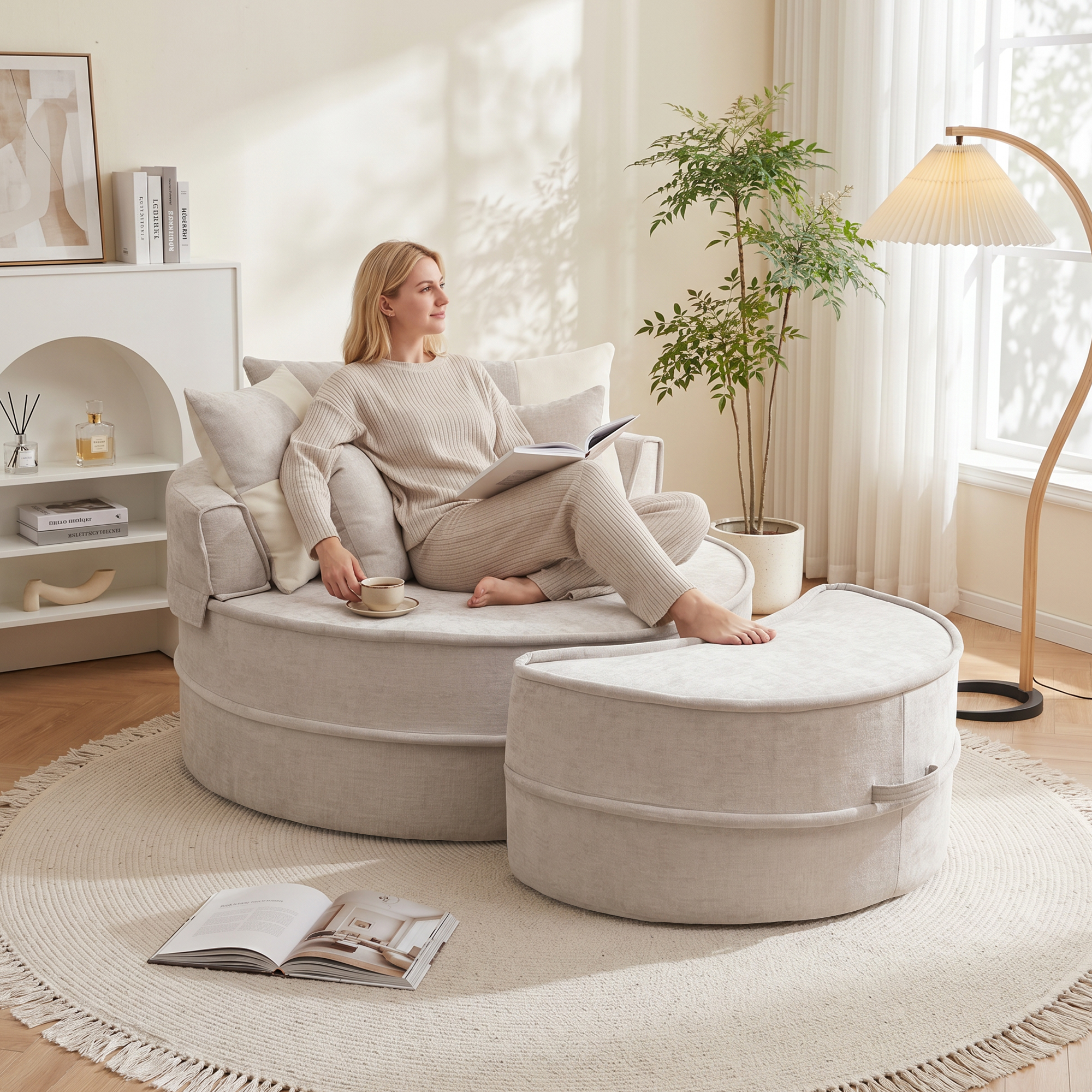 Fauteuil Ronde En Chenille Doux Avec Remplissage Mousse Haute Densité Et Structure Stable Gris