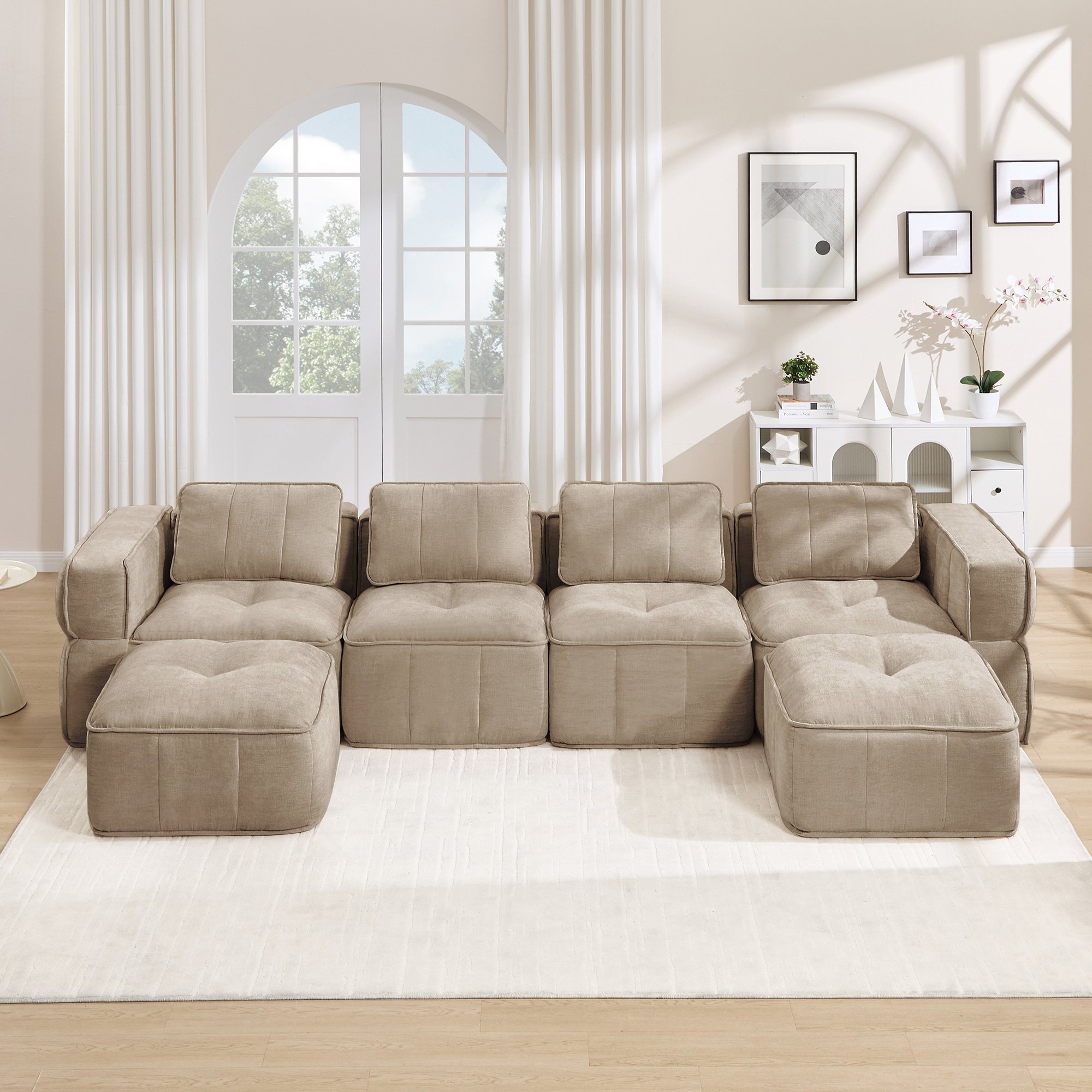 Canapé Modulable en U 4 Places Sable, Mousse Haute Densité 32D, Tissu Polyester Doux, Sans Cadre, Antidérapant, Pour Salon Moderne, Aucun Montage Requis
