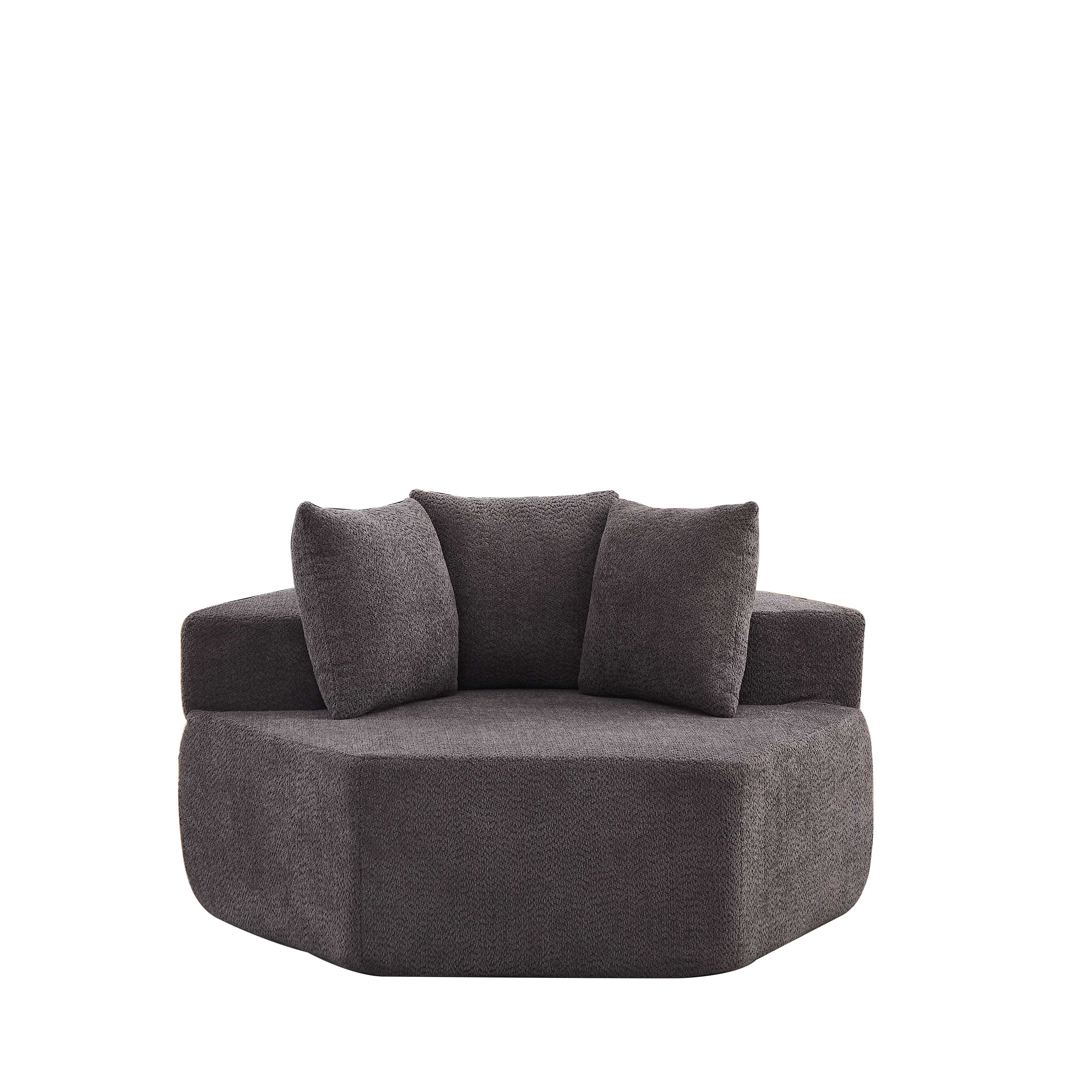 Fauteuil hexagonal rembourré en chenille grise, assise confort mousse et ressorts, style contemporain design