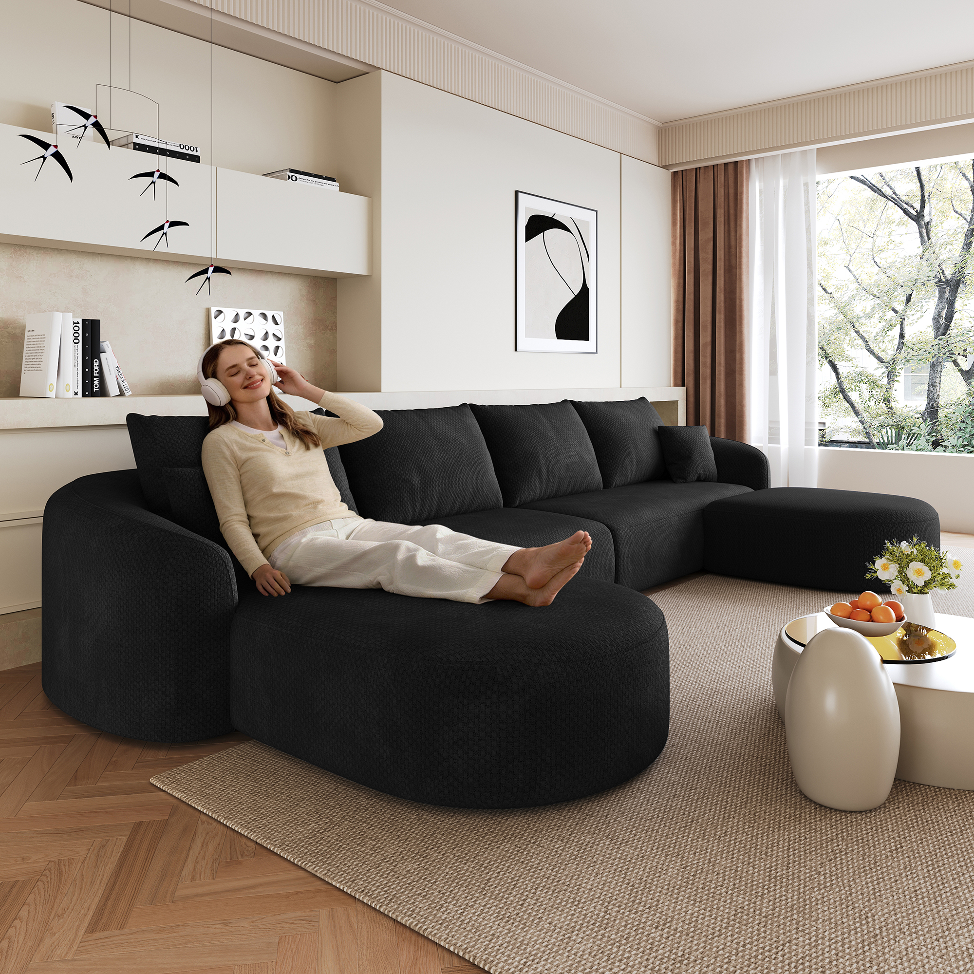 Canapé modulable d'angle en U 336x168cm, structure sans bois, revêtement tissu noir, design contemporain pour salon