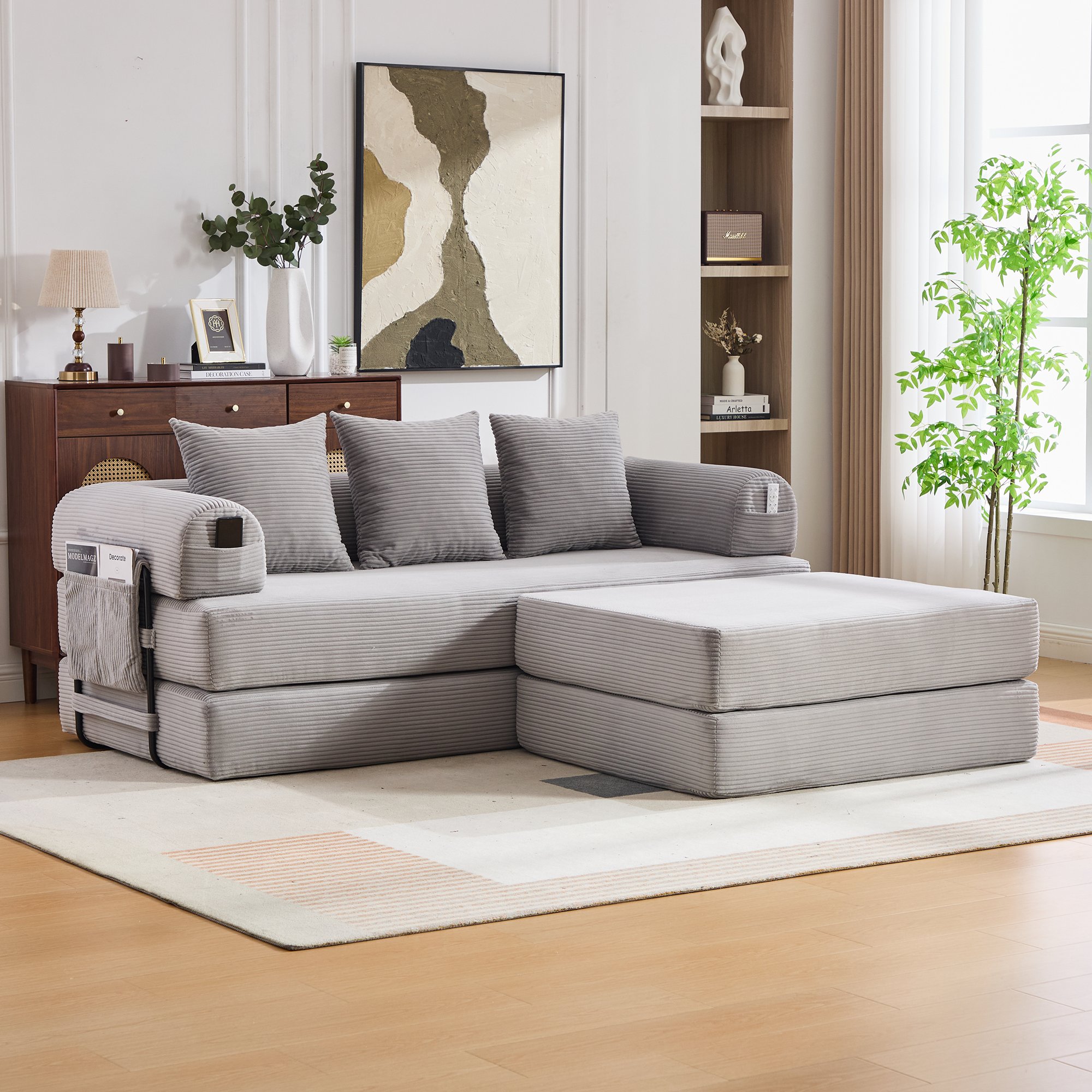 Canapé d'angle convertible modulable sans montage avec pochette latérale et pouf inclus pour petit espace