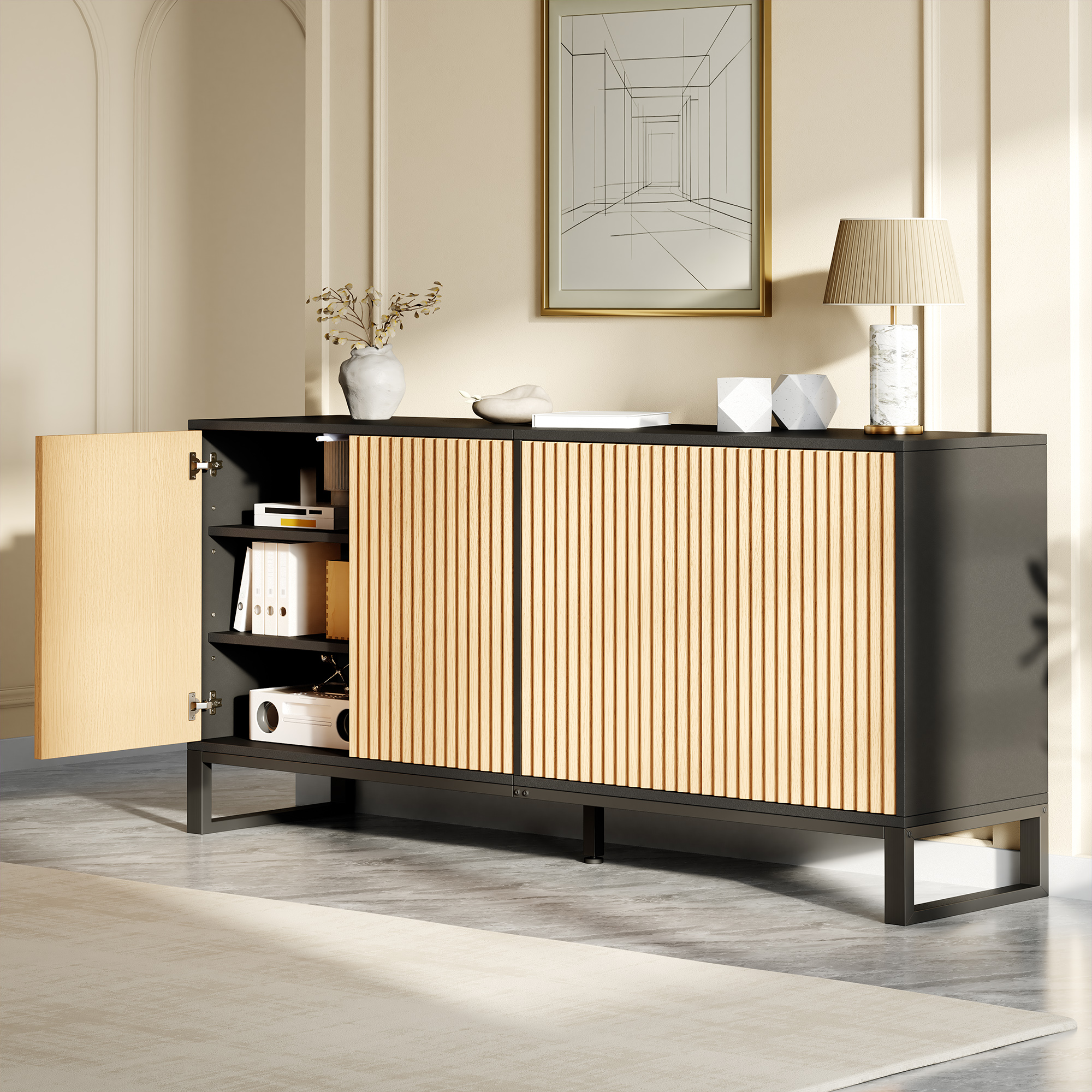 Meuble à chaussures moderne 4 portes battantes, buffet noir et naturel avec étagères ajustables et relief 3D 160 cm