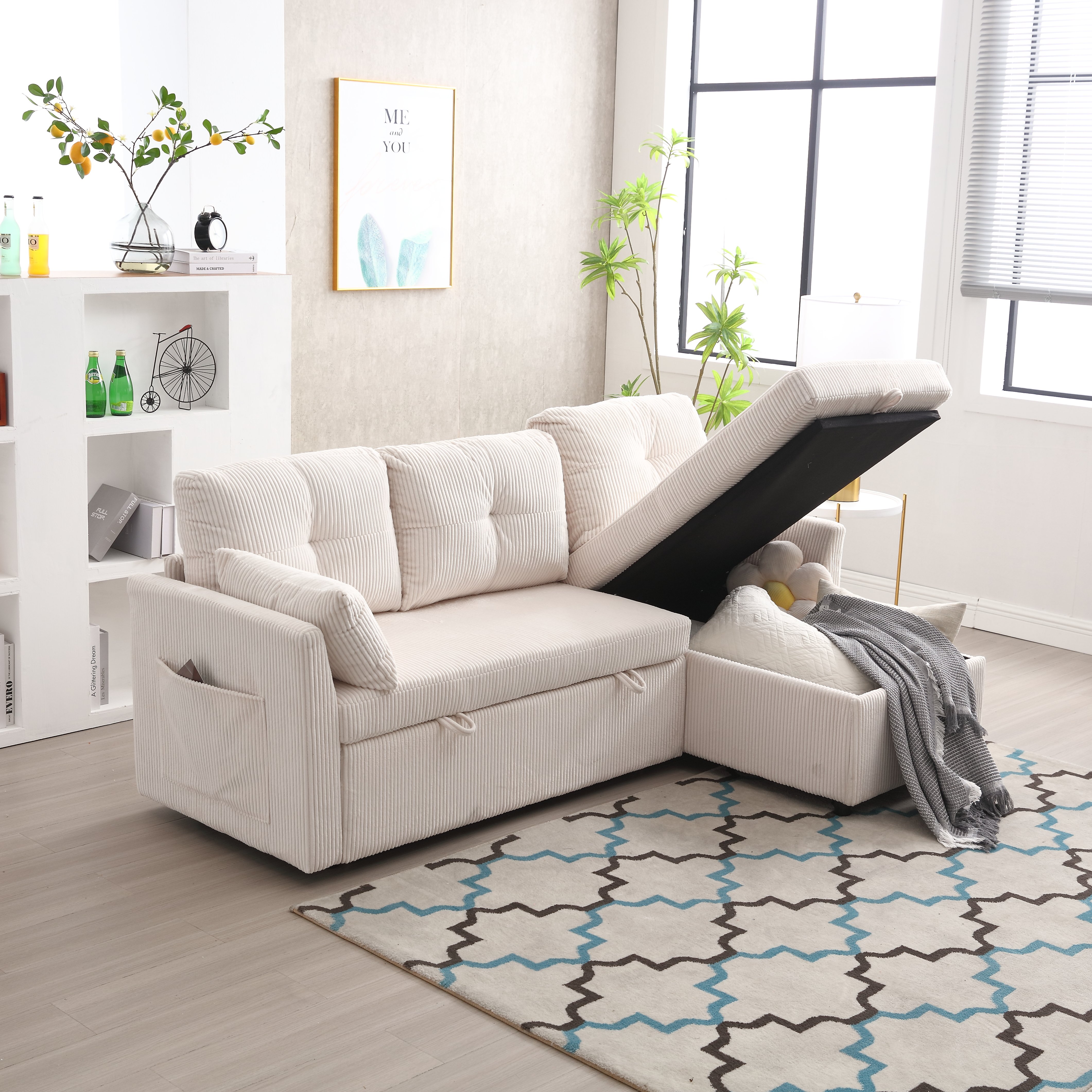 Lit gigogne avec rangement intégré beige en velours côtelé et couchage d'appoint pour salon