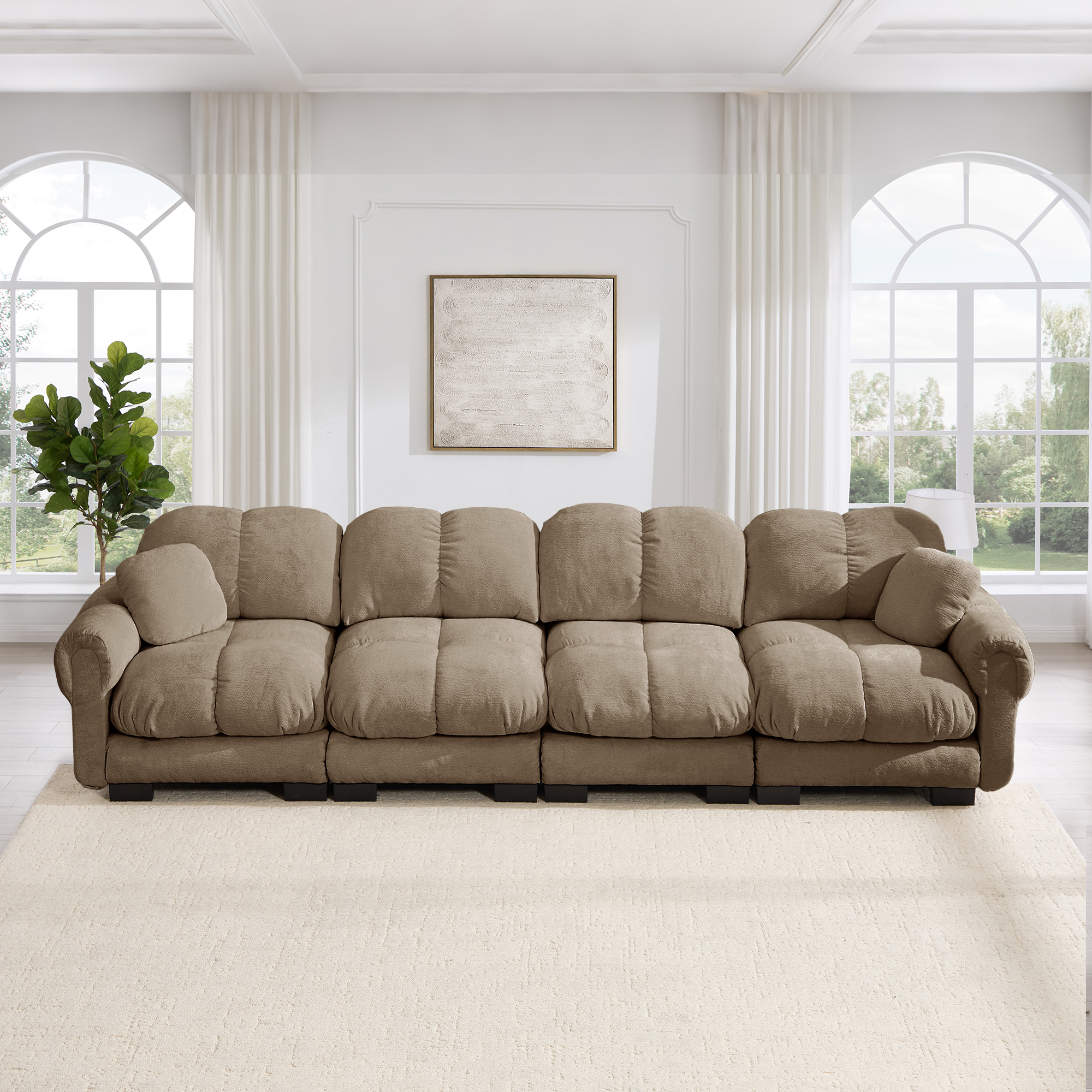 Canapé Modulable 3 Places en Tissu Chenille Marron, Design Contemporain avec Accoudoirs Éléphants et Coussin de Dossier Ergonomique pour Salon Moderne