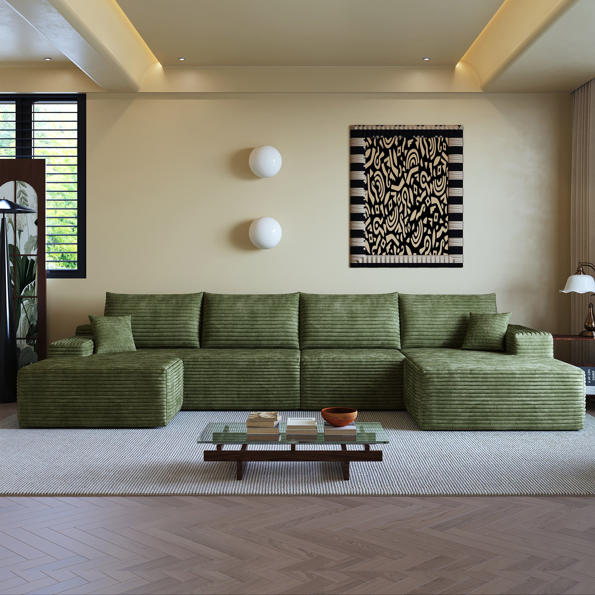 Canapé d'angle en tissu côtelé vert, structure modulaire 340x175x83 cm, rembourrage mousse souple, style moderne