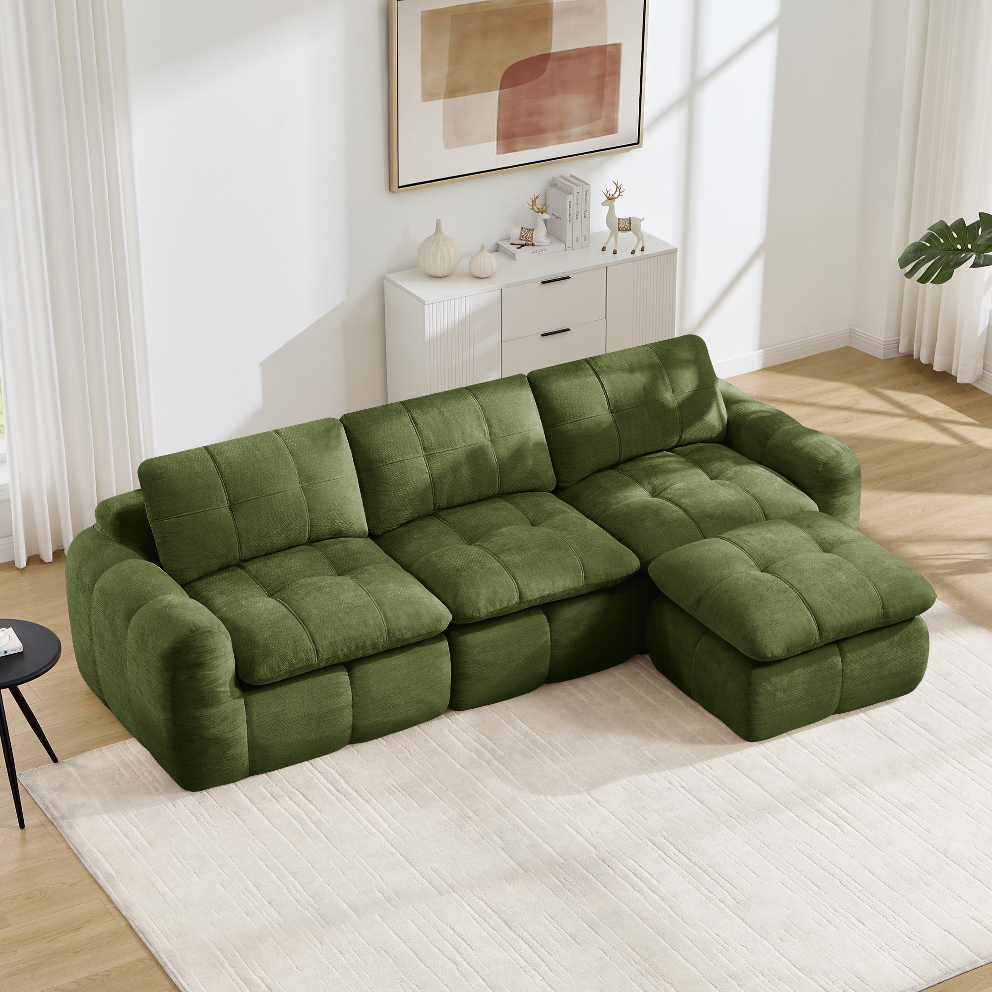 Canapé d'angle modulable 3 places vert en tissu chenille, structure sans cadre avec ottoman inclus, confort mousse haute densité pour salon et appartement