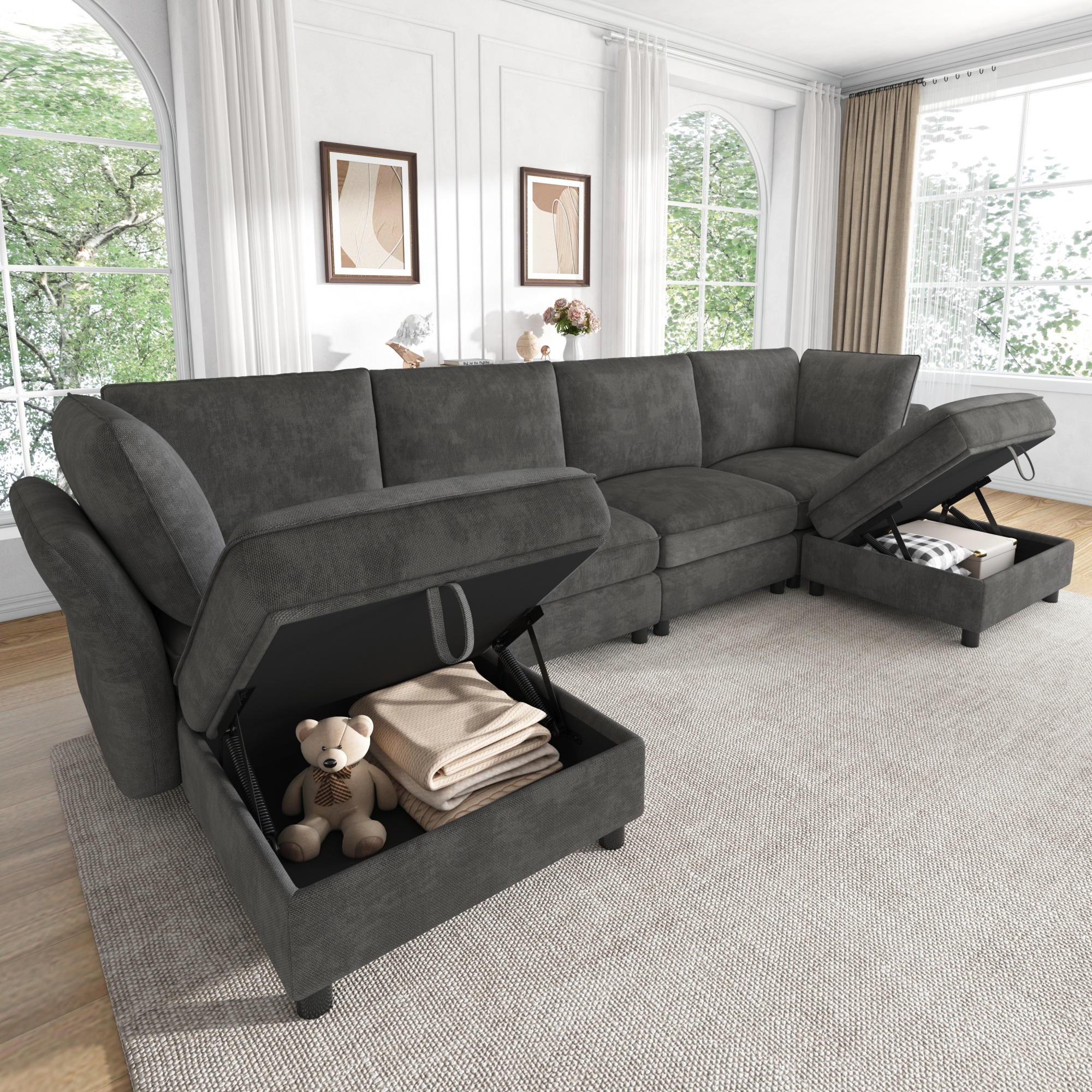 Canapé d'angle 6 places modulable avec coffre et configuration U ou L réversible pour salon ou chambre