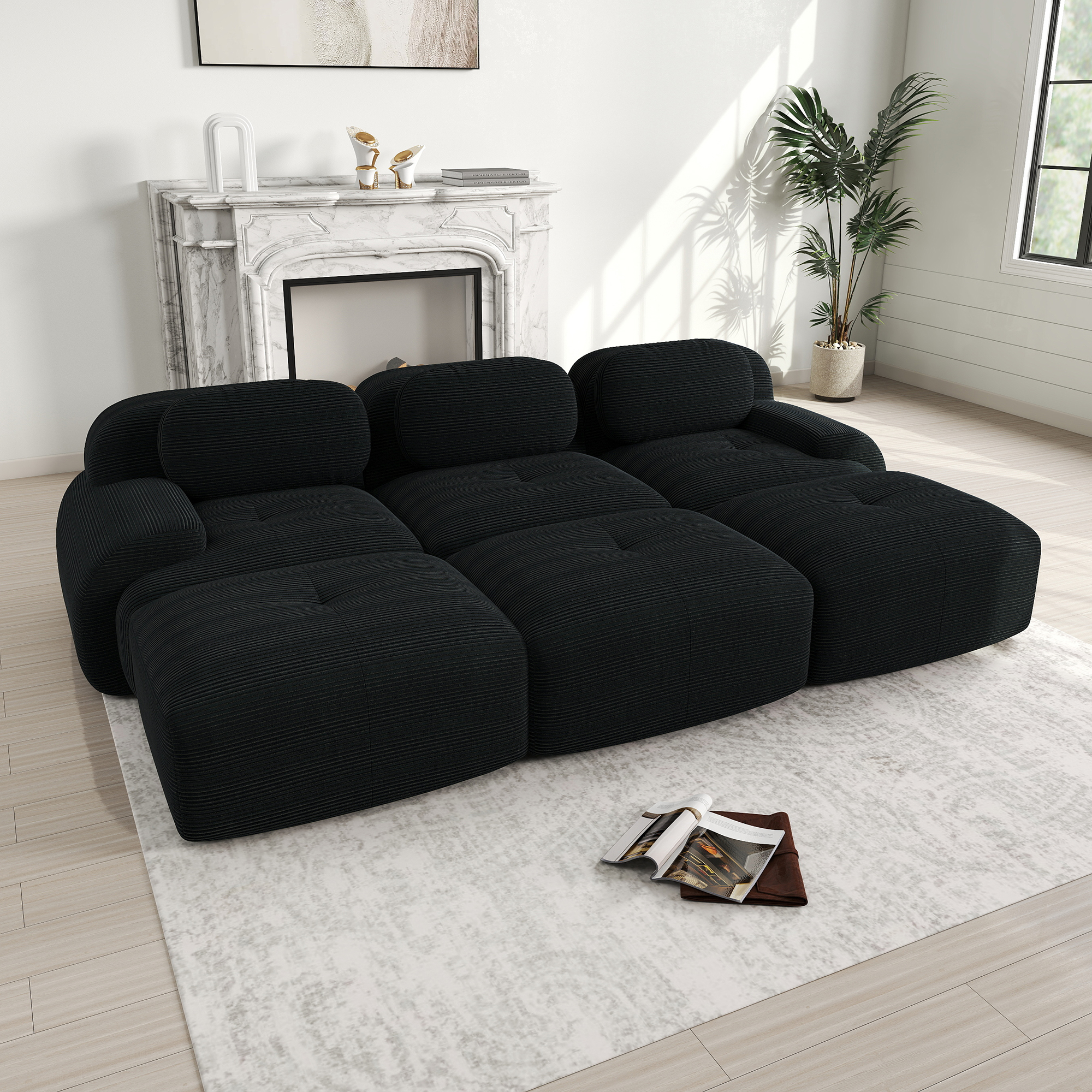 Canapé d'angle 3 places 298x178x70 cm, modulable avec 3 poufs en velours côtelé noir et mousse 32D