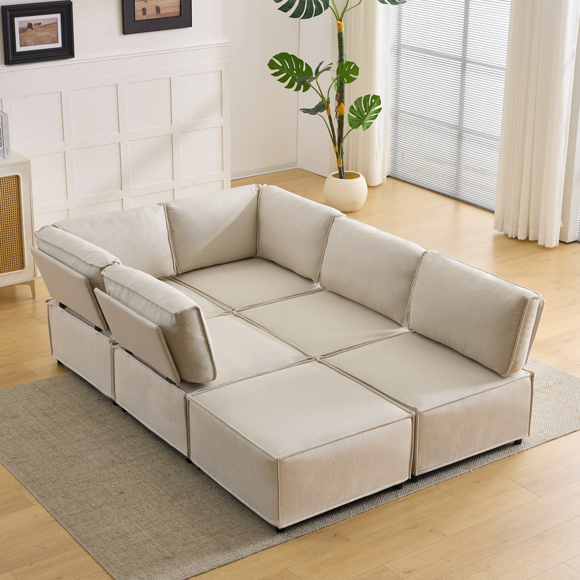 Canapé Modulable d'Angle Beige Tissu Lin, Structure Bois et Mousse Ressorts, Design Contemporain Élégant pour Salon Spacieux