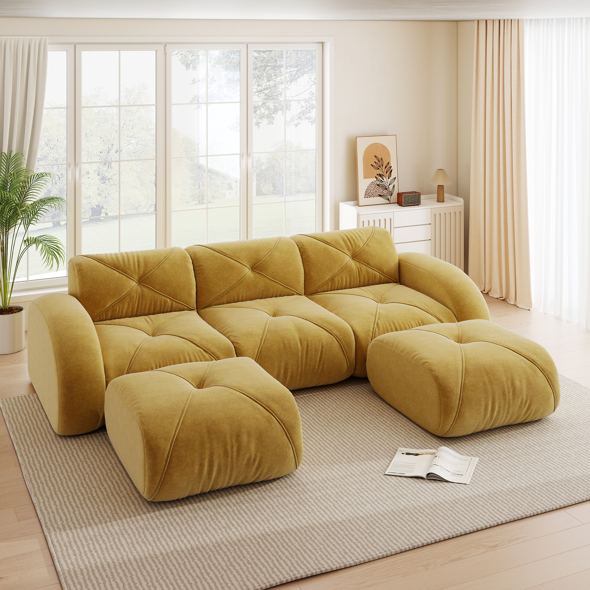 Canapé modulable 3 places en U, dimensions 281x171x76 cm, revêtement chenille jaune avec rangement intégré et 2 poufs inclus