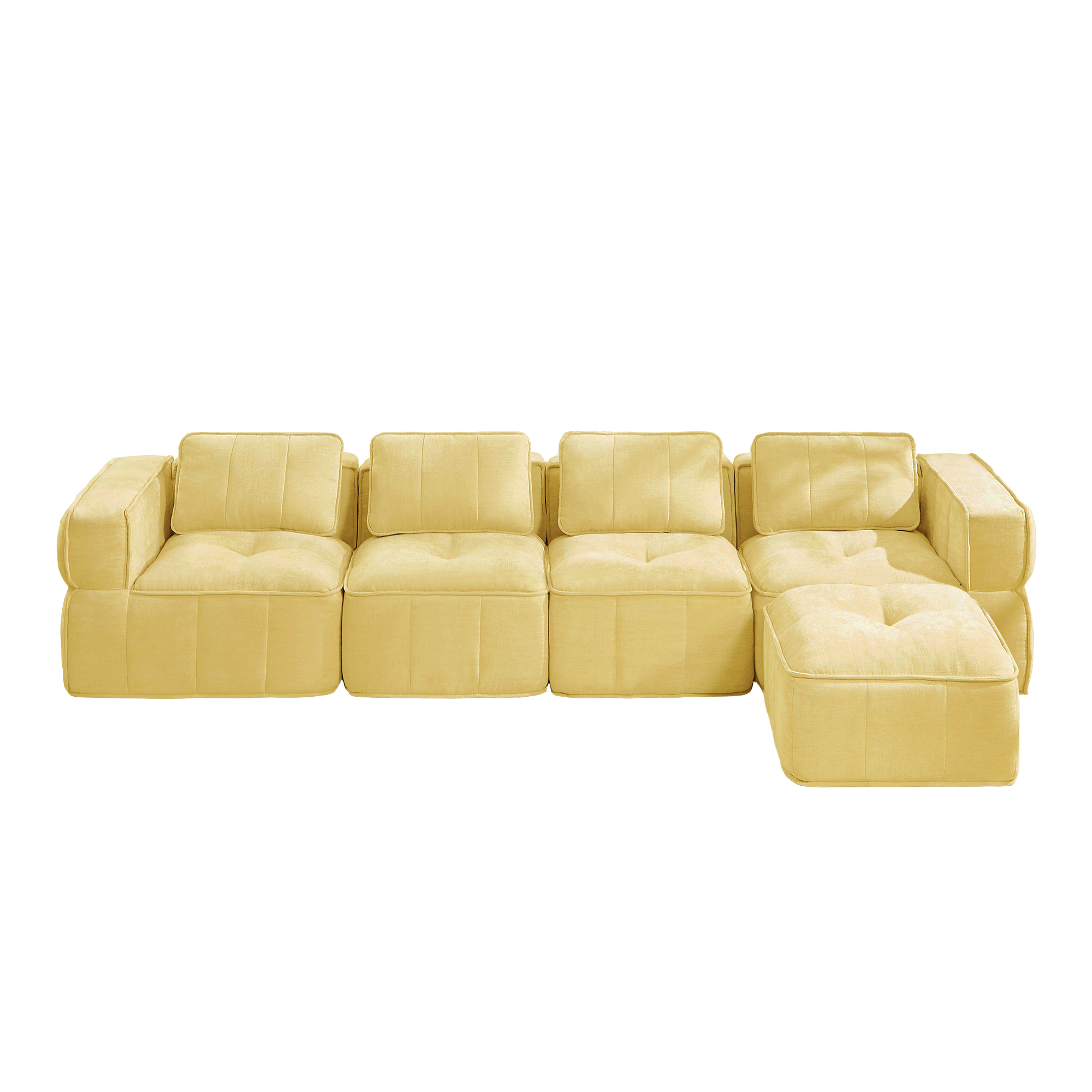 Canapé d'angle 4 places jaune sans cadre avec pouf, tissu polyester, mousse 32D, dimensions 344x162x67 cm pour salon