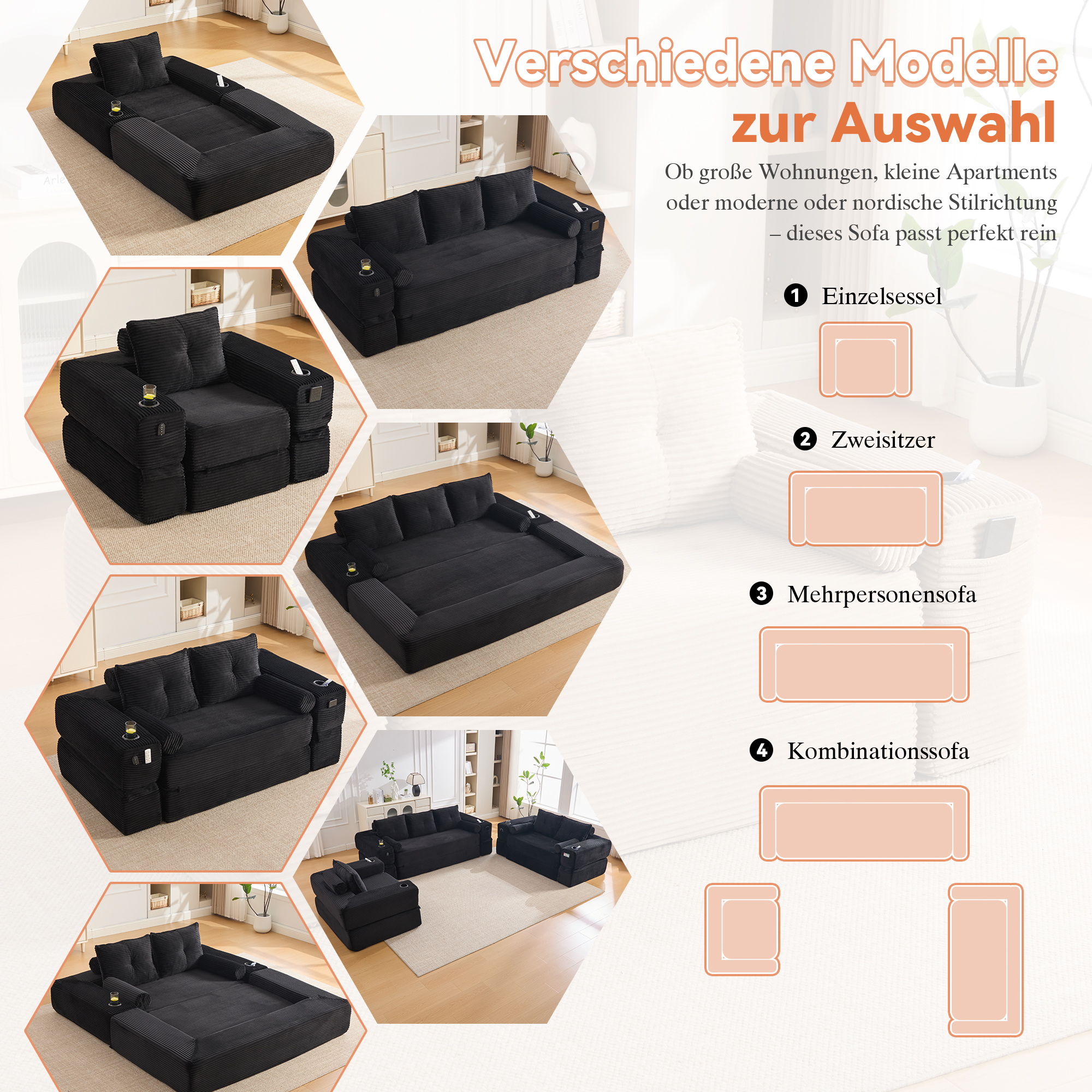 Canapé convertible compact en velours côtelé noir avec coussins à mémoire de forme et porte-gobelet