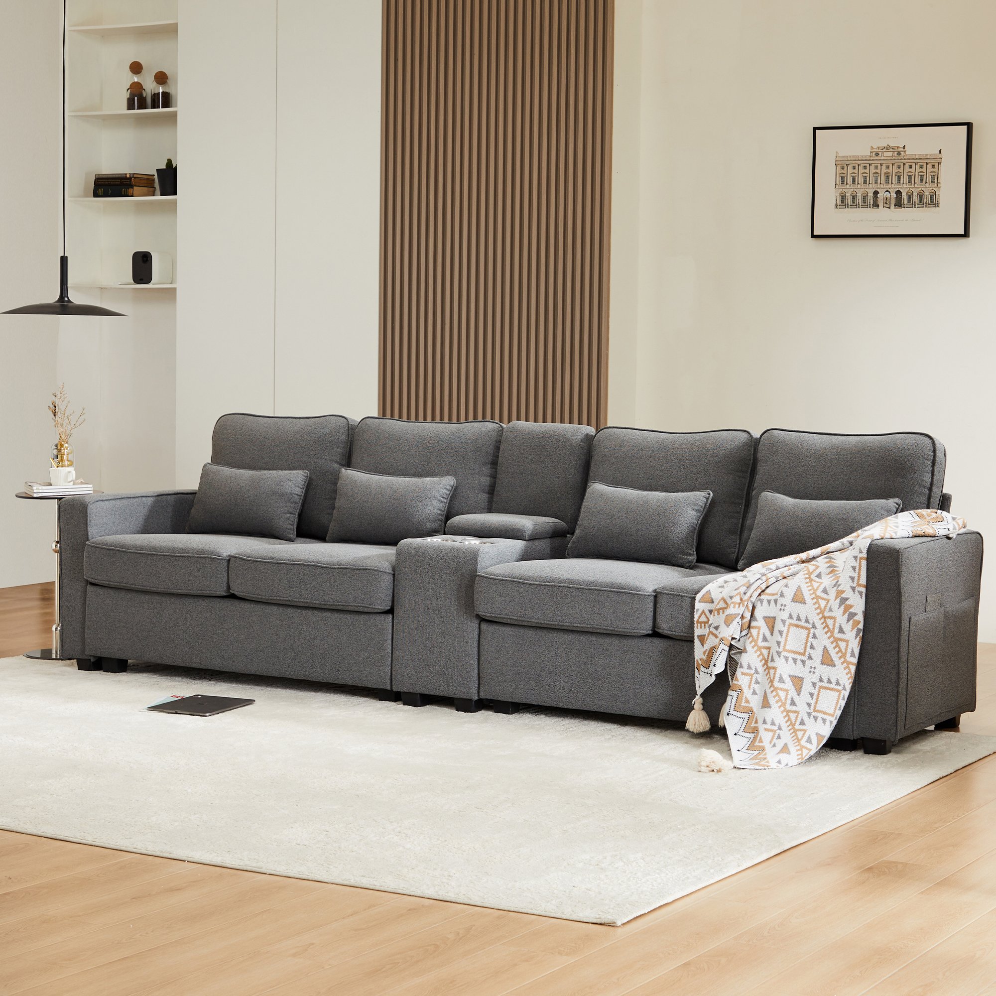 Canapé 4 Places Gris Foncé Aspect Lin avec Console, Porte-Gobelets, Ports USB et Poches de Rangement sur Accoudoirs