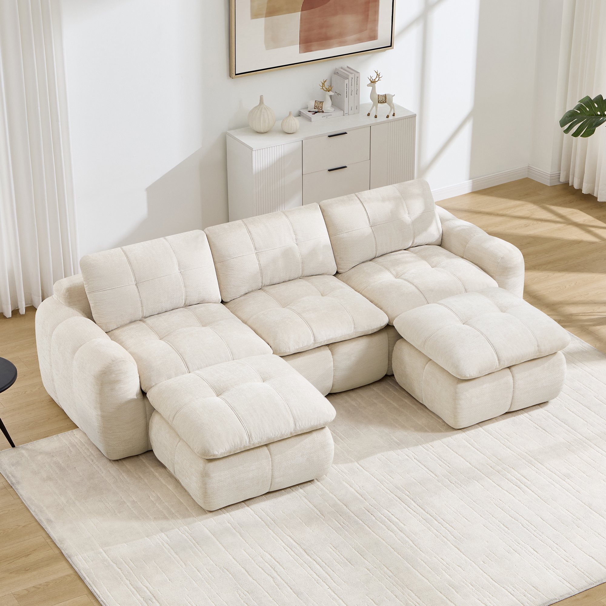 Canapé modulable 3 places en chenille beige, structure sans cadre avec 2 ottomans, mousse 32D haute densité, idéal salon et appartement