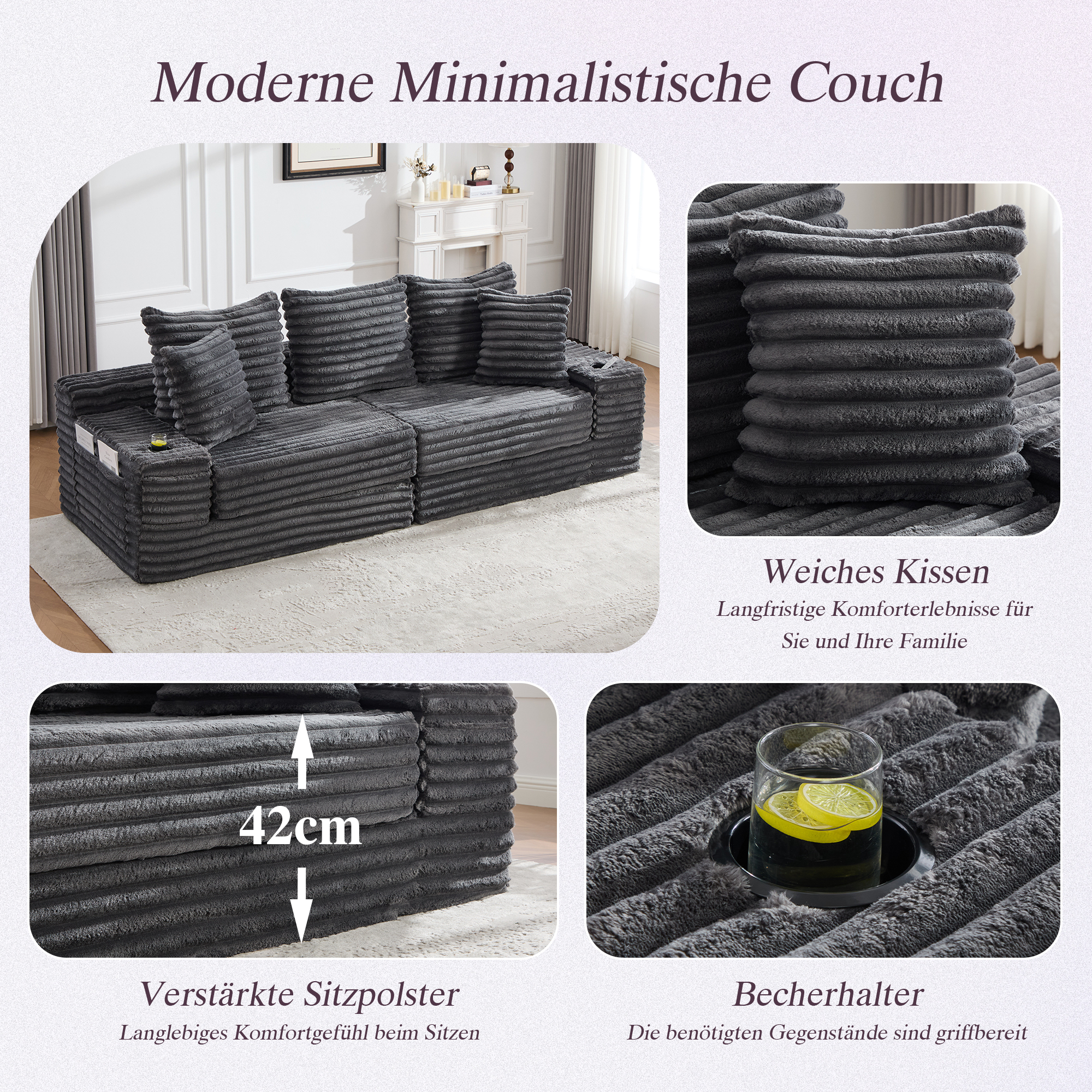 Lit rembourré en velours côtelé avec rangement latéral, poches et porte-gobelets intégrés, gris foncé