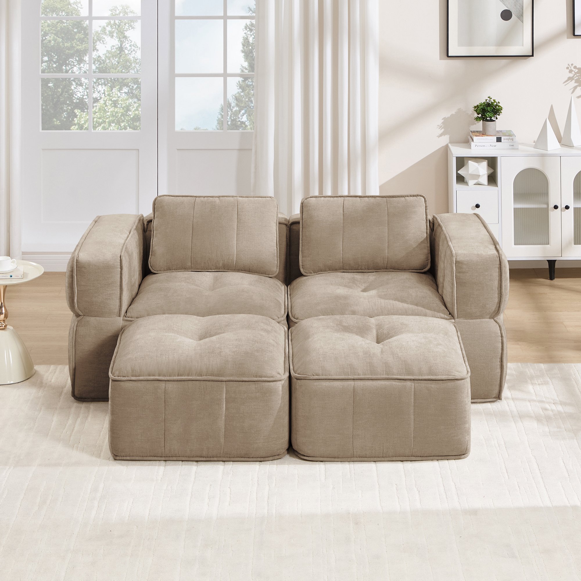 Canapé modulaire 2 places avec deux poufs, tissu polyester sable, mousse haute densité 32D, assise profonde, sans cadre rigide, style contemporain pour salon