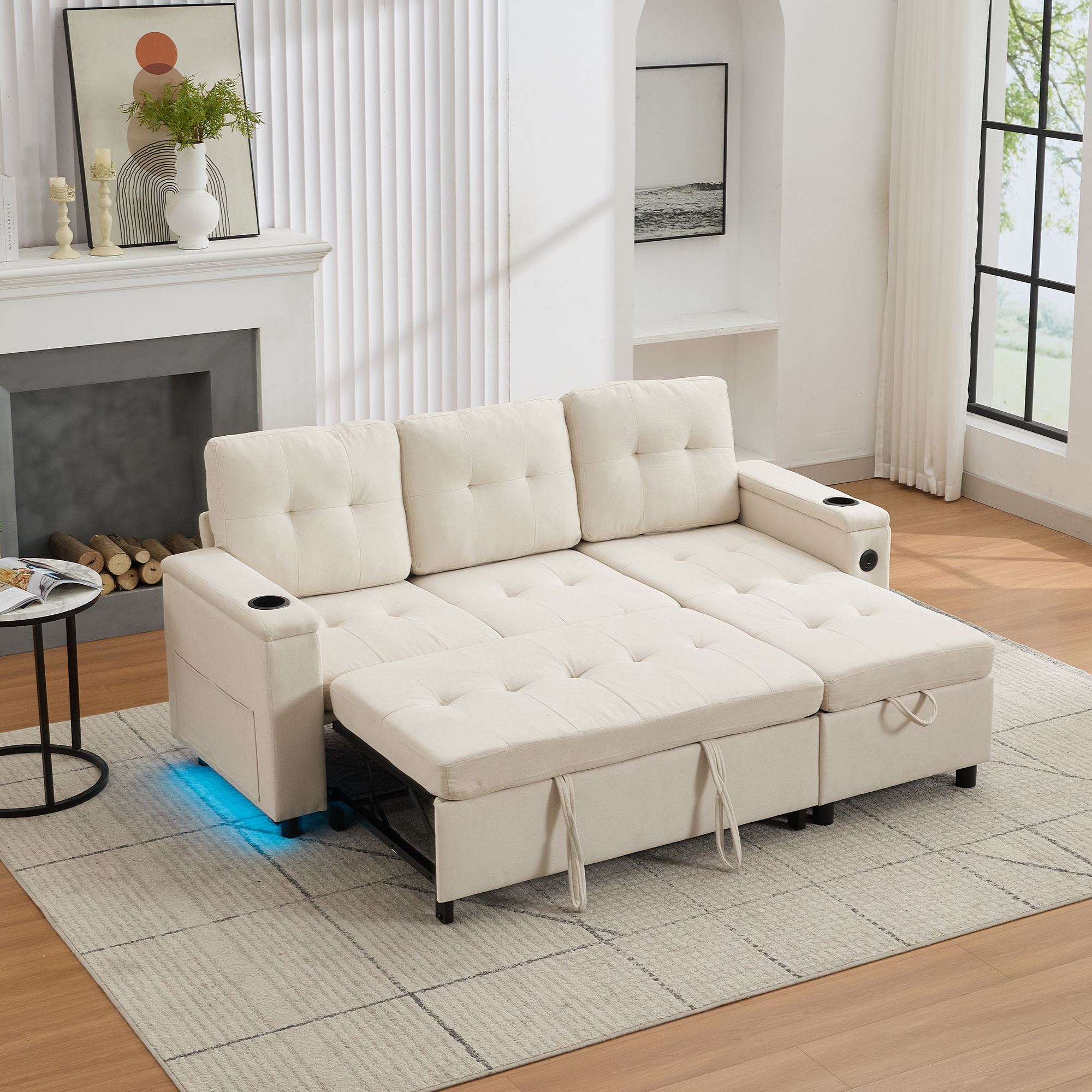 Lit avec rangement 146x208 cm en tissu beige, structure en bois massif avec tiroirs et LED