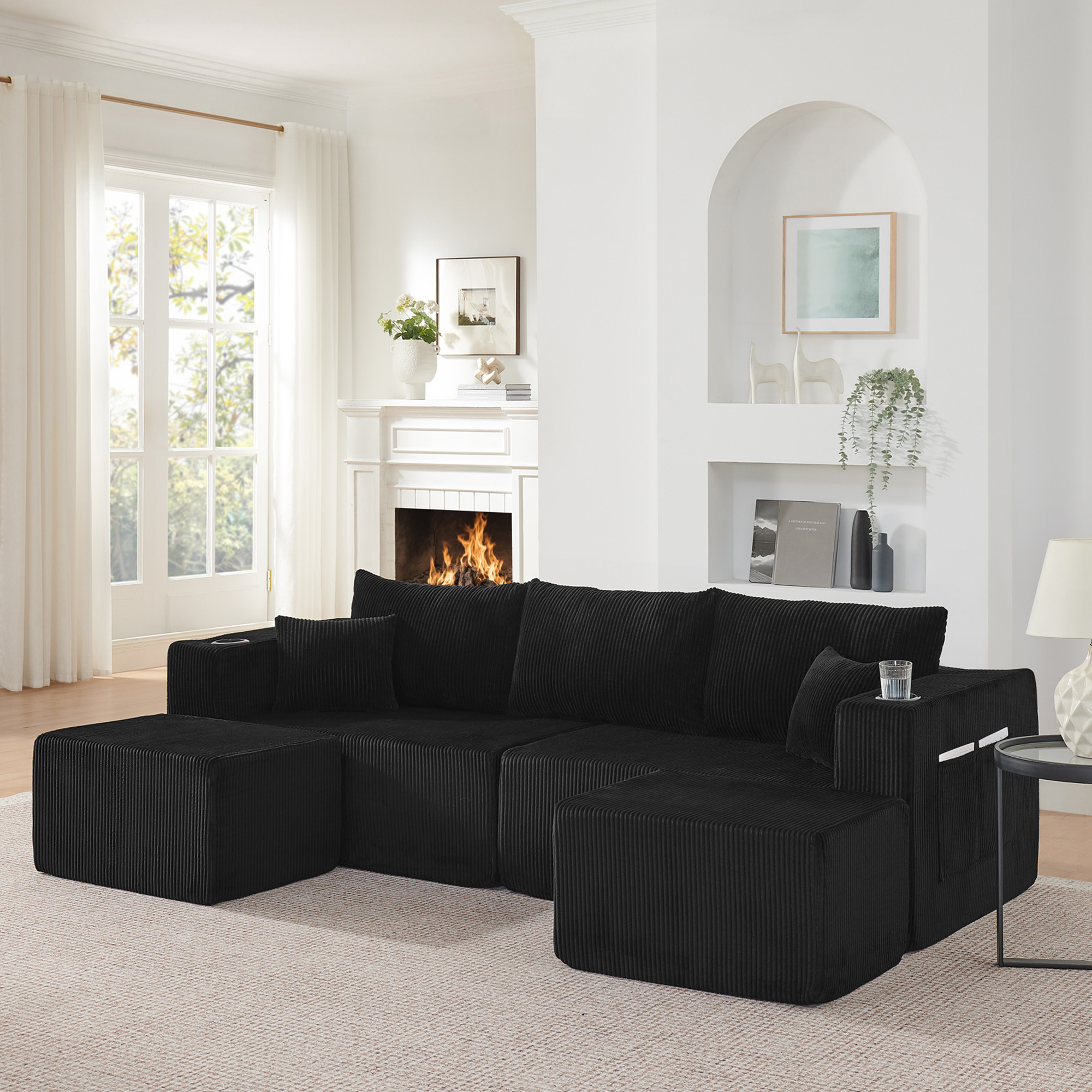 Canapé d'angle modulable 3 places noir en tissu côtelé avec poufs mobiles, porte-gobelets et poches de rangement intégrées