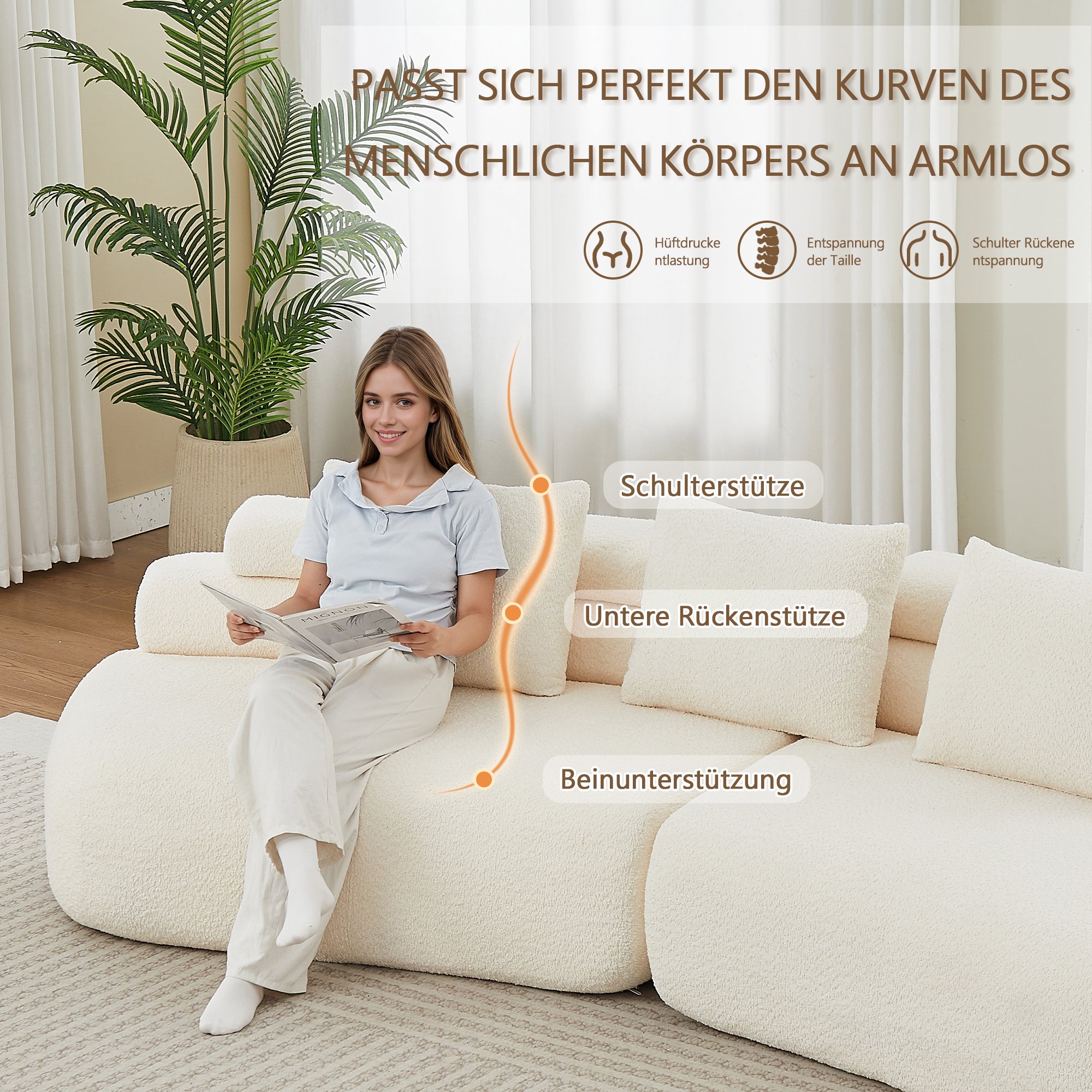 Canapé modulable 2 places en chenille beige avec dossier courbe sans accoudoirs et 3 coussins de soutien pour salon contemporain