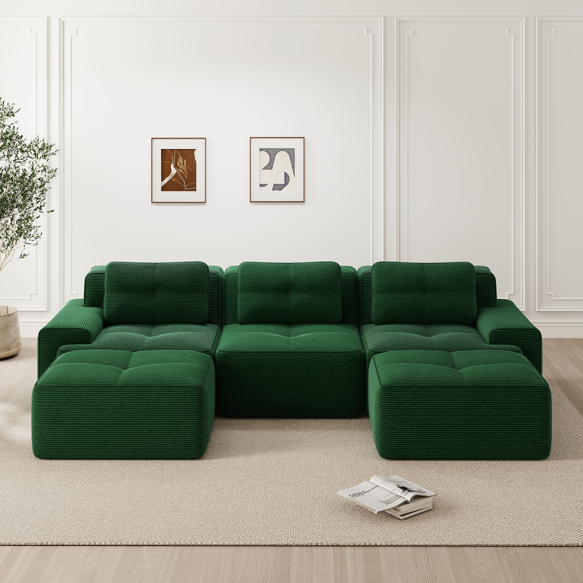 Canapé Modulable En U 3 Places Corduroy Vert, Canapé Salon Sans Dossier Avec Ottoman, Confort Mousse 32D, Installation Facile