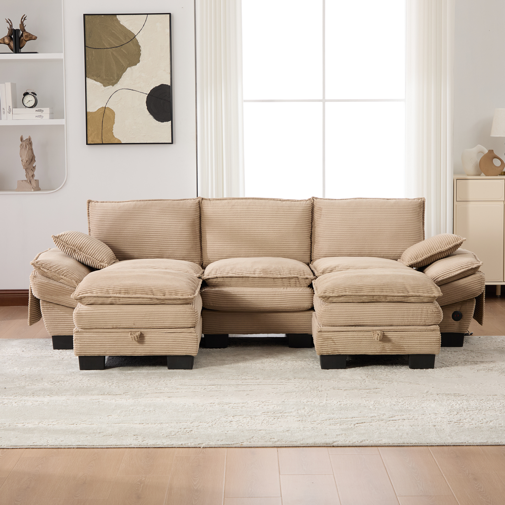 Canapé d'angle 3 places 260x132x84 cm avec 2 poufs et assise large de 194 cm en velours côtelé