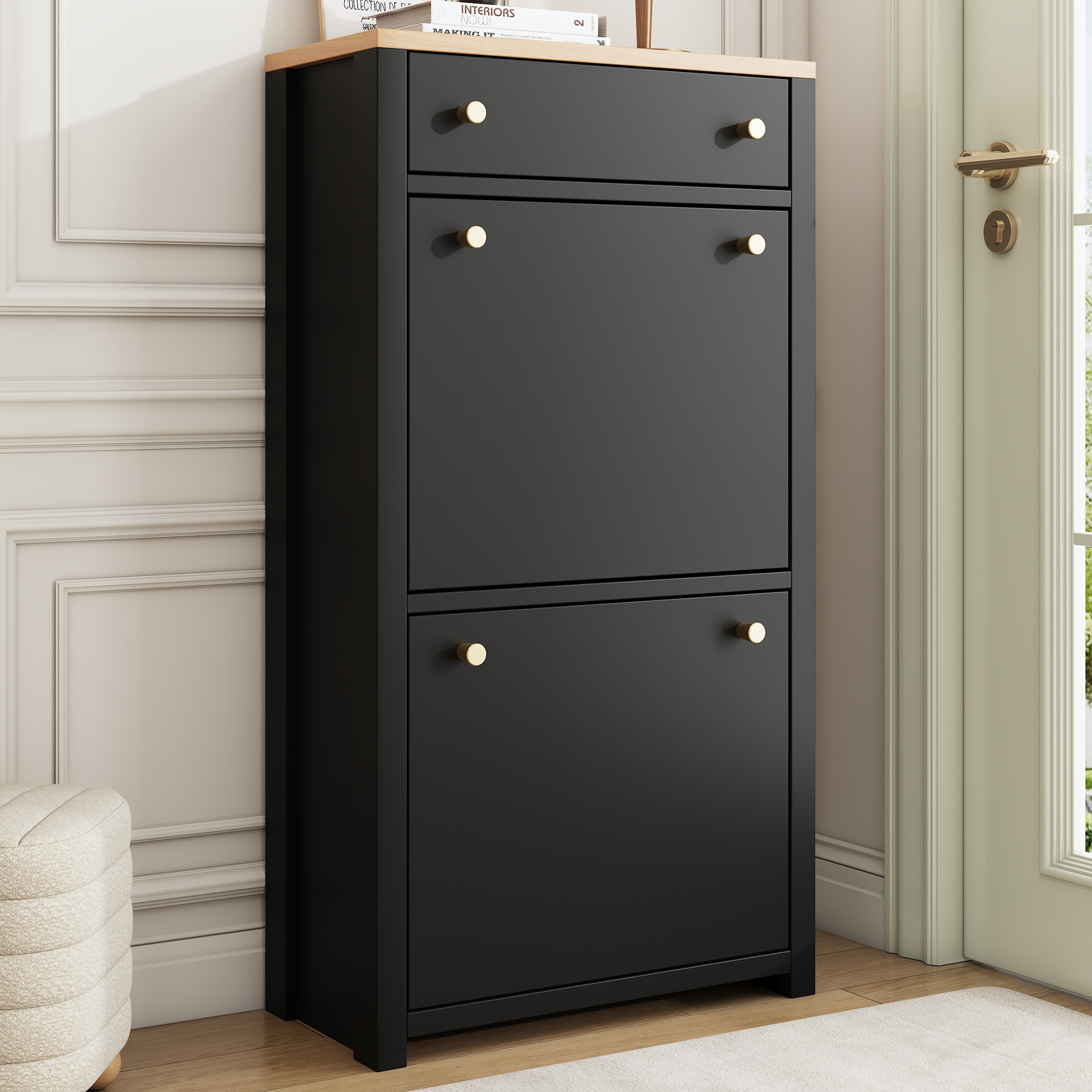 Meuble à chaussures étroit 50x25x95 cm, 1 tiroir et 2 portes pliantes, Panneau composite de fibres de bois à densité noir avec plateau bois, pour entrée