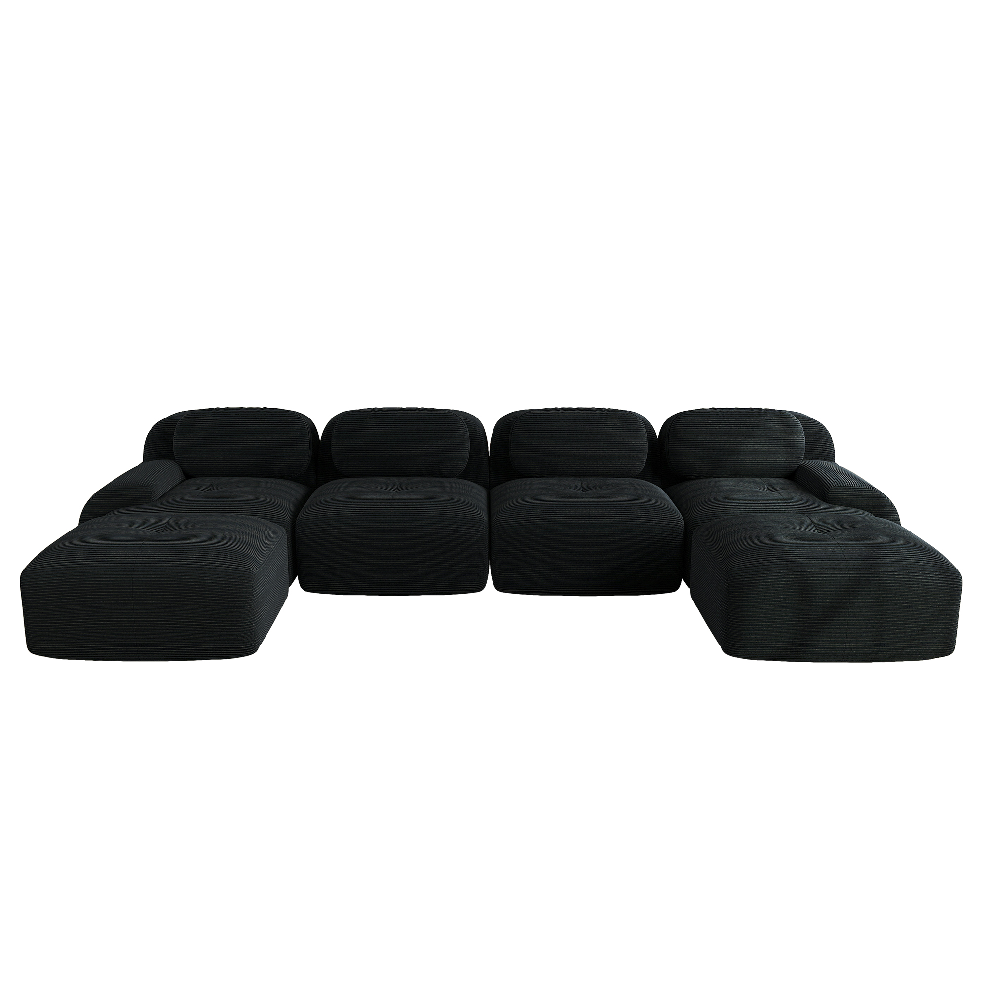 Canapé d'angle modulable sans montage en velours côtelé noir, 6 places, mousse 32D ergonomique et accoudoirs extra-larges