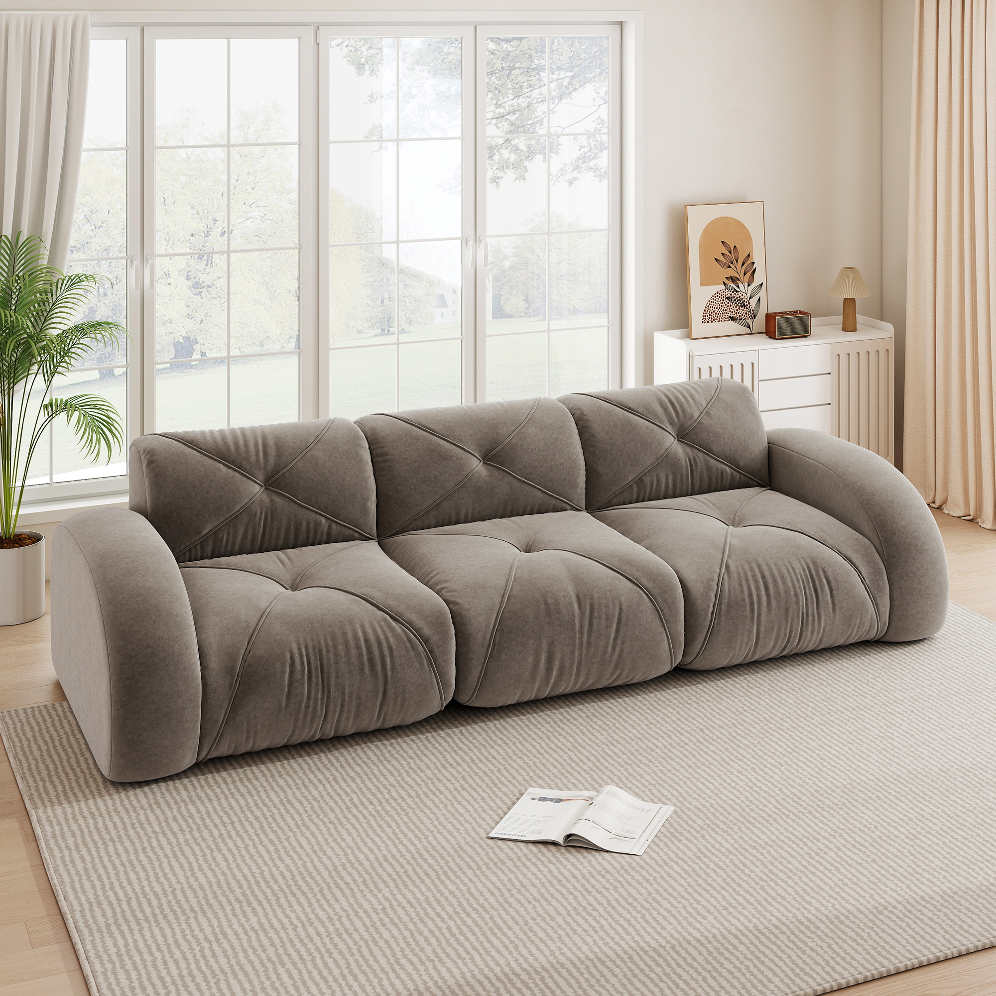 Canapé modulable 3 places sans dossier, dimensions 281x95x76 cm, revêtement chenille taupe antidérapant pour salon moderne
