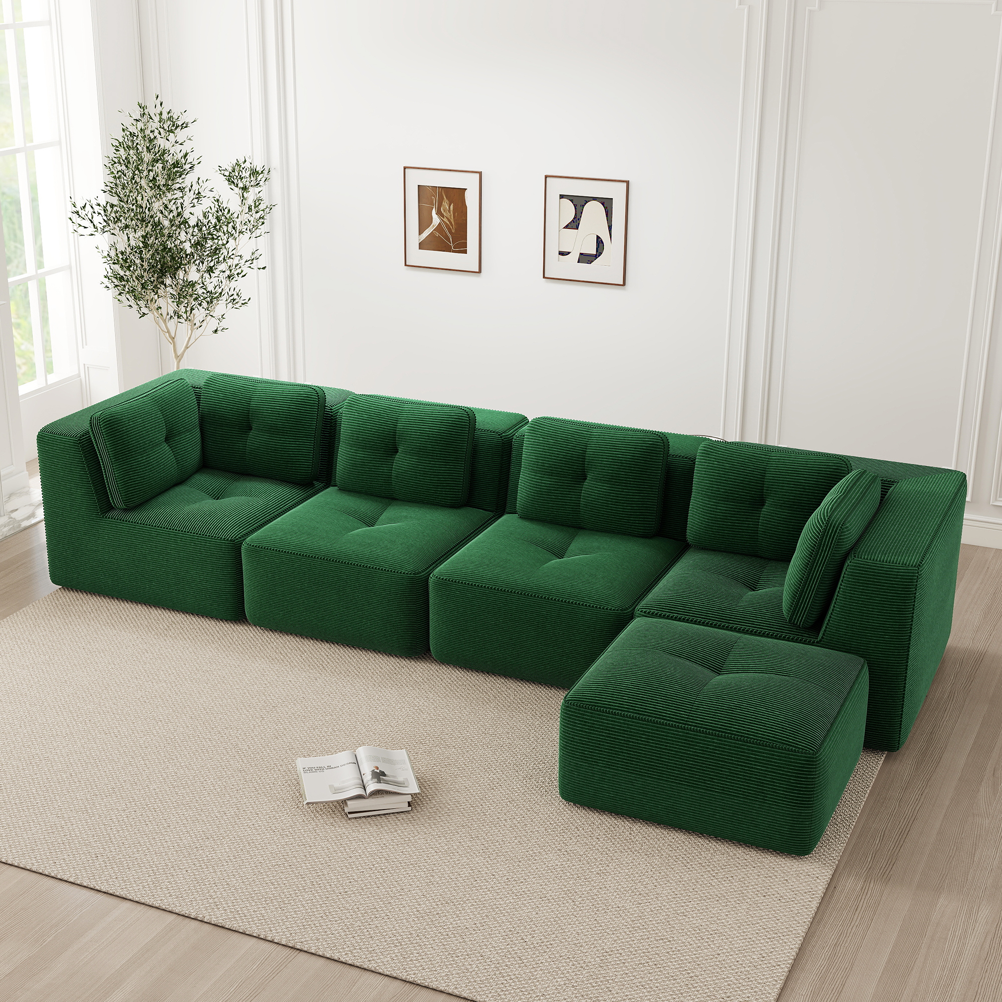 Canapé Modulable 4 Places Vert, Canapé d'Angle Profond en Tissu Côtelé, Confort Nuage et Structure Sans Cadre Rigide pour Salon Moderne
