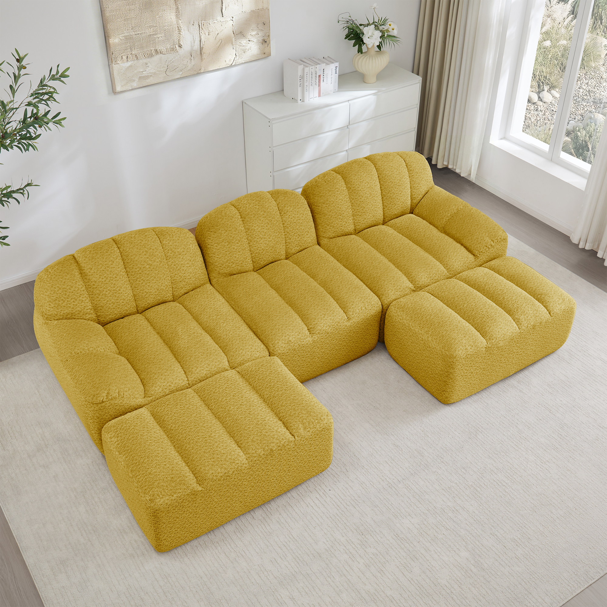 Canapé Modulable 3 Places En U Avec Tissu Granuleux Jaune Et 2 Ottomans Pour Salon Moderne