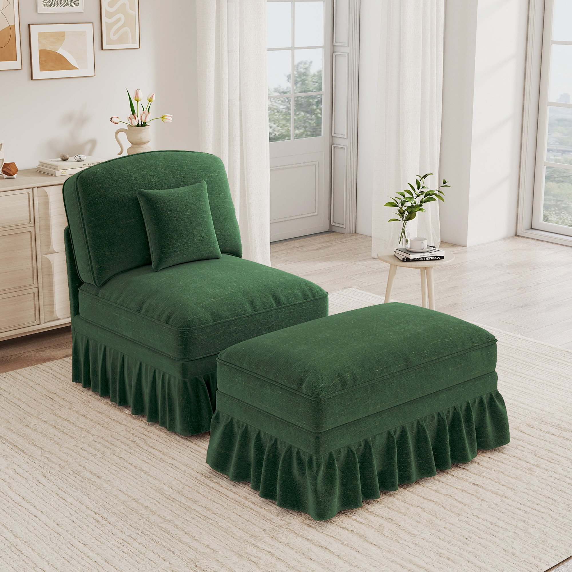 Fauteuil Lounge Vert en Chenille avec Pouf Amovible, Jupe à Volants Retirable pour Style Nuage ou Mid-Century, Confort Profond
