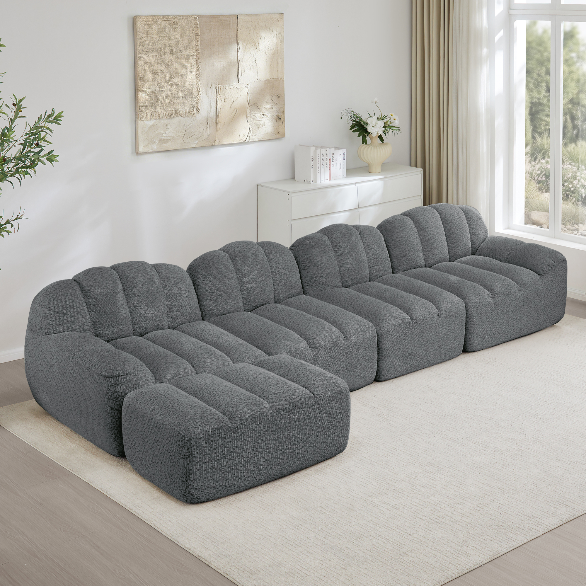 Canapé Modulable 4 Places Gris, Canapé d'Angle Sans Dossier en Tissu Molleton Granuleux avec Ottoman, Design Moderne Salon