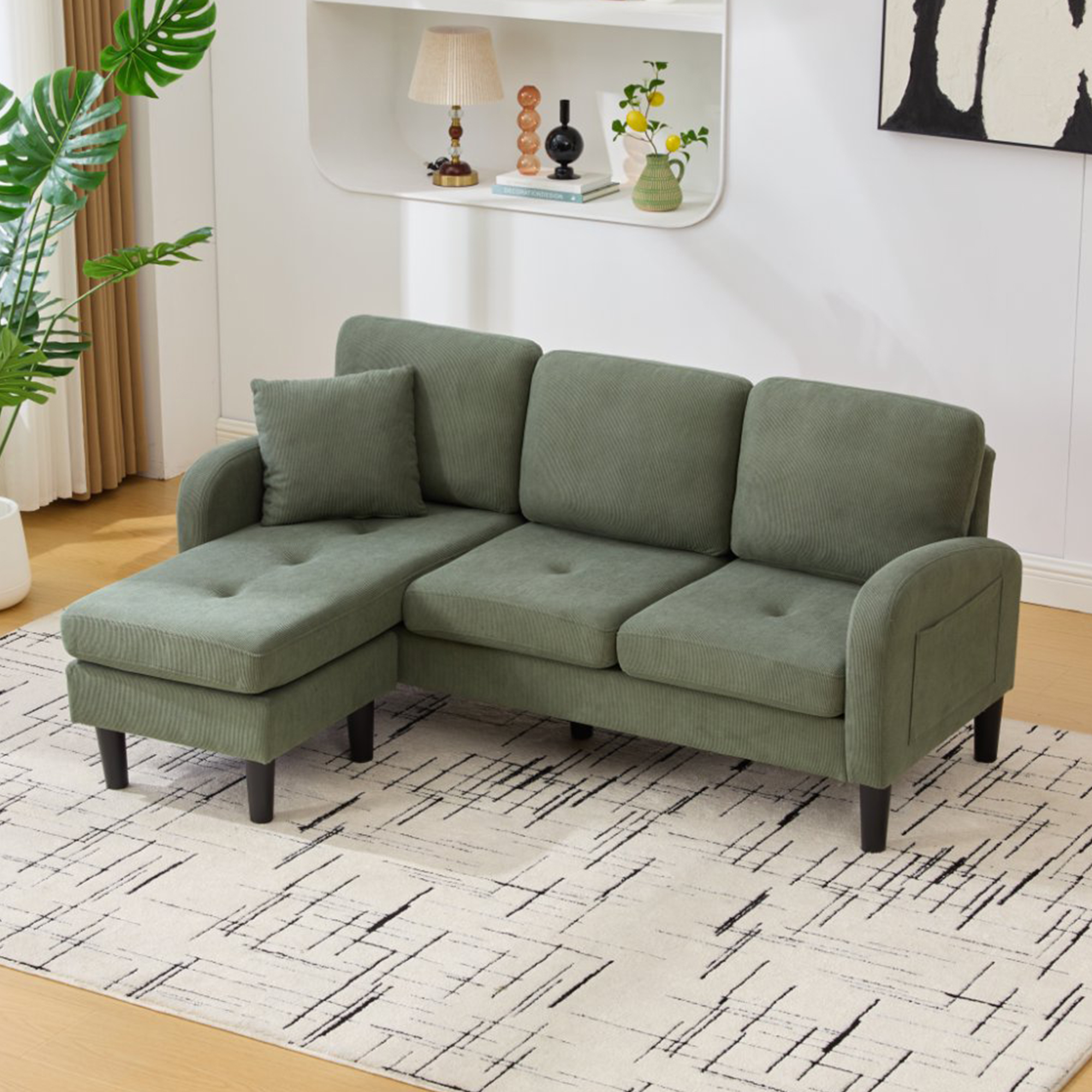 Canapé d'angle compact 3 places avec méridienne réversible en tissu respirant vert pour petit salon