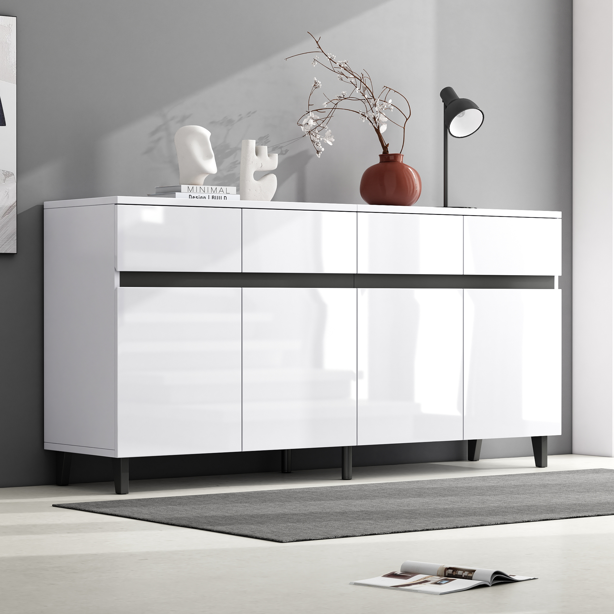 Buffet Moderne Blanc Haut Brillant 160 cm, Meuble TV avec 4 Tiroirs Profonds et 2 Portes Modulaires pour Salon Contemporain