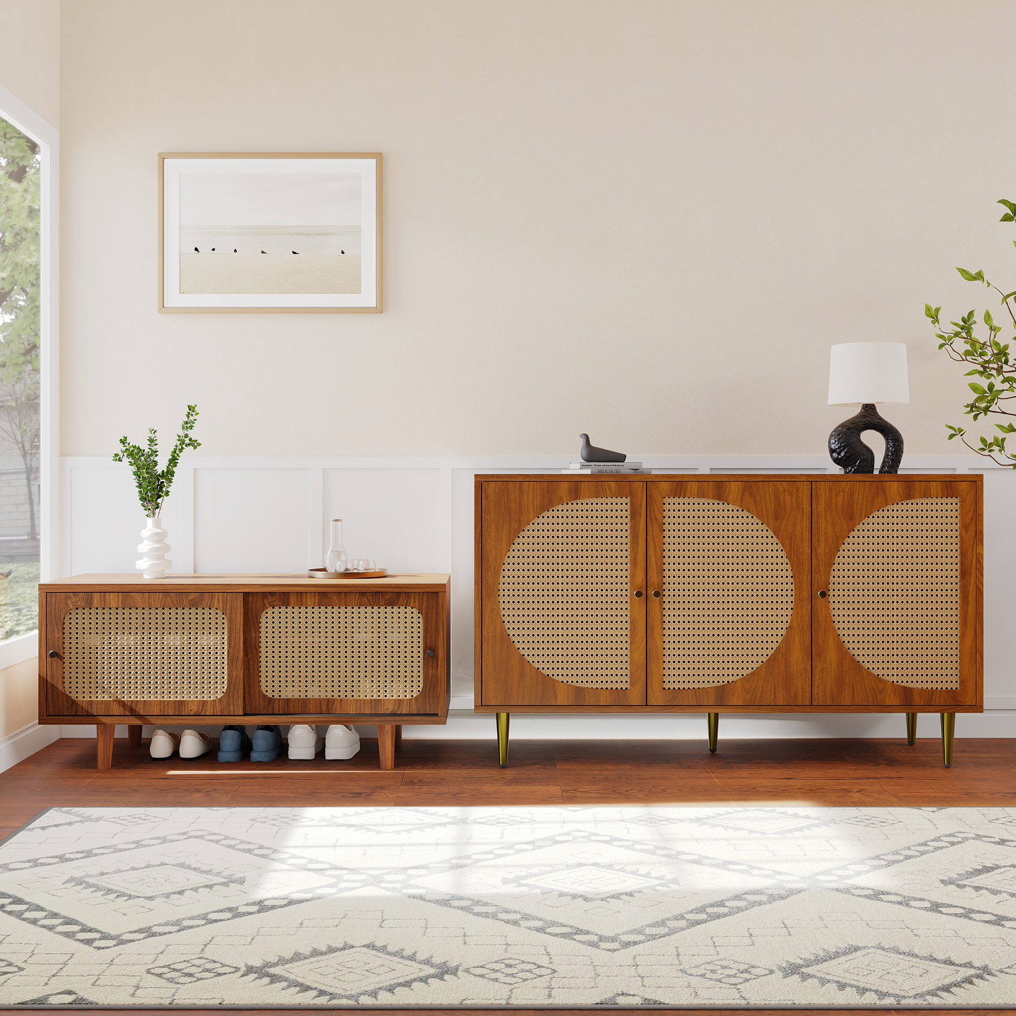 Meuble à chaussures Buffet Salon Rattan Couleur Noyer avec Portes Coulissantes et Panneaux de Particules pour Rangement