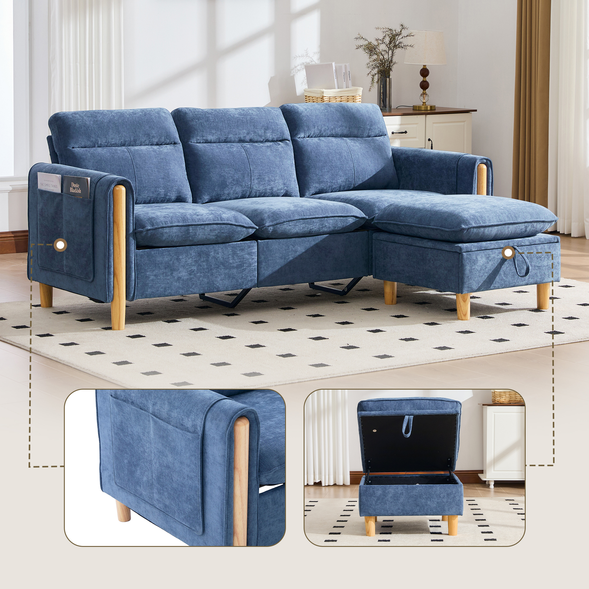 Canapé d'angle L 3 places en chenille bleu avec coffre, méridienne réversible et pouf de rangement