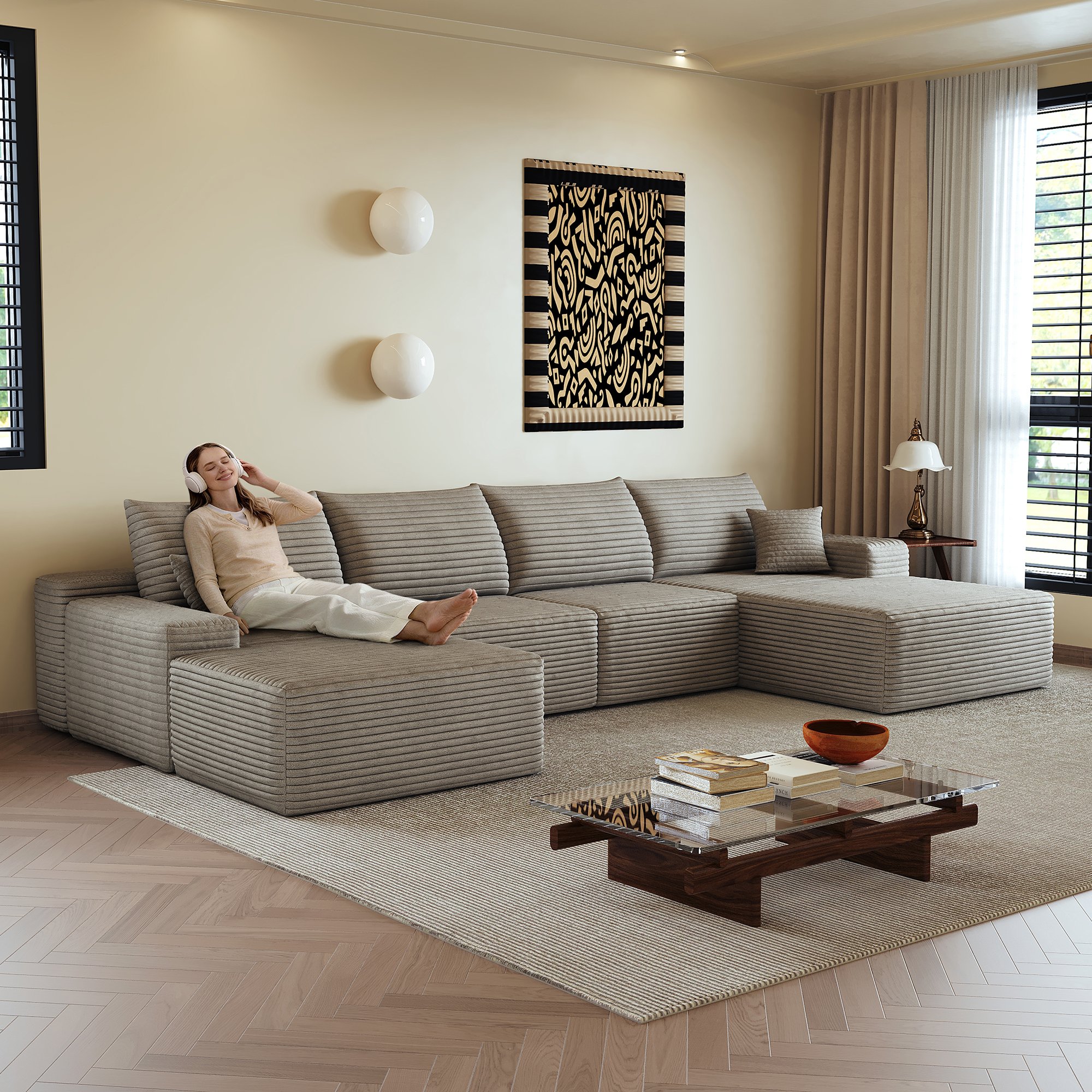 Canapé d'angle 340x175x83 cm en velours côtelé camel, structure modulaire sans montage, assise profonde et mousse haute élasticité pour salon moderne