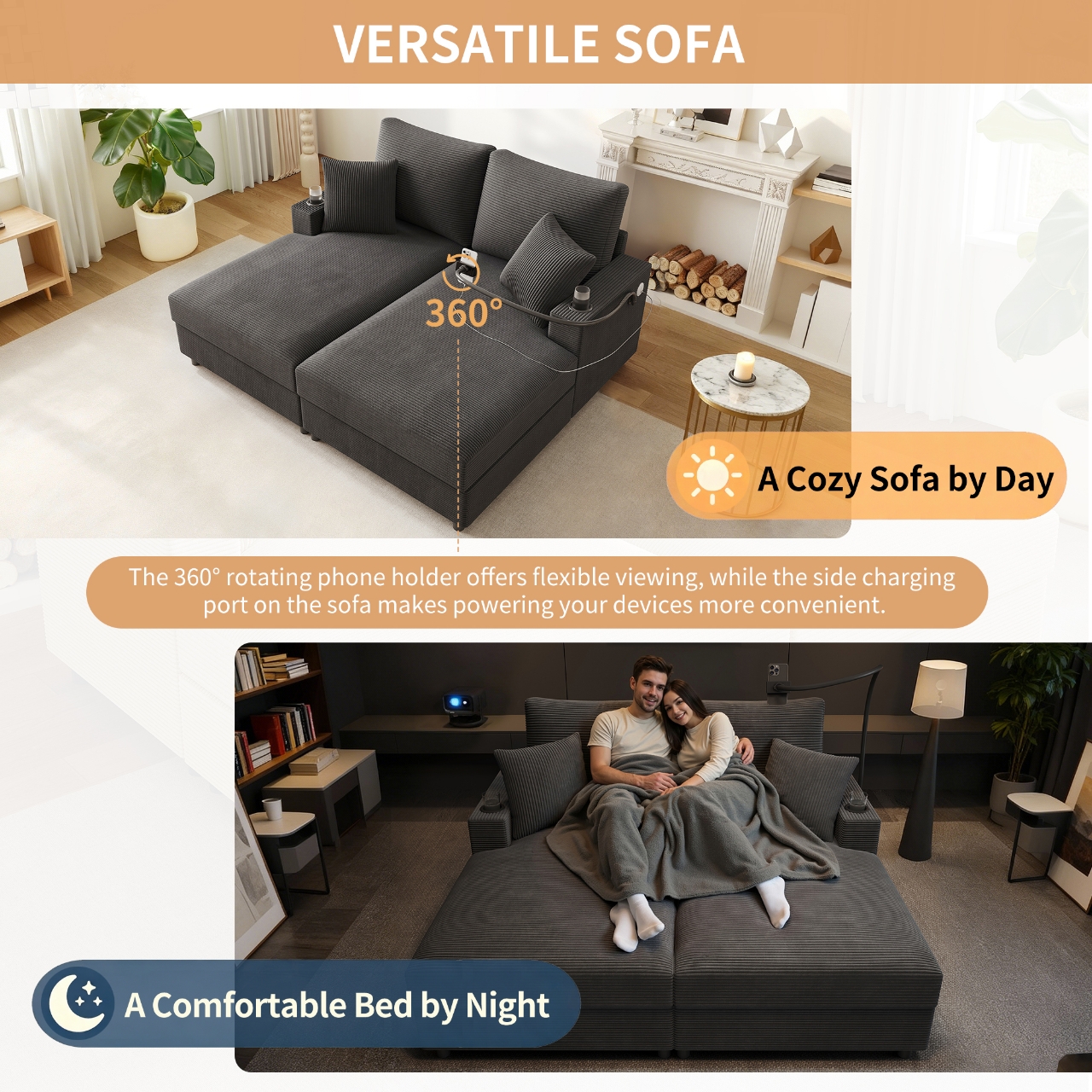 Canapé convertible 2 places en velours côtelé gris avec LED, USB-C et support téléphone 360° pour salon