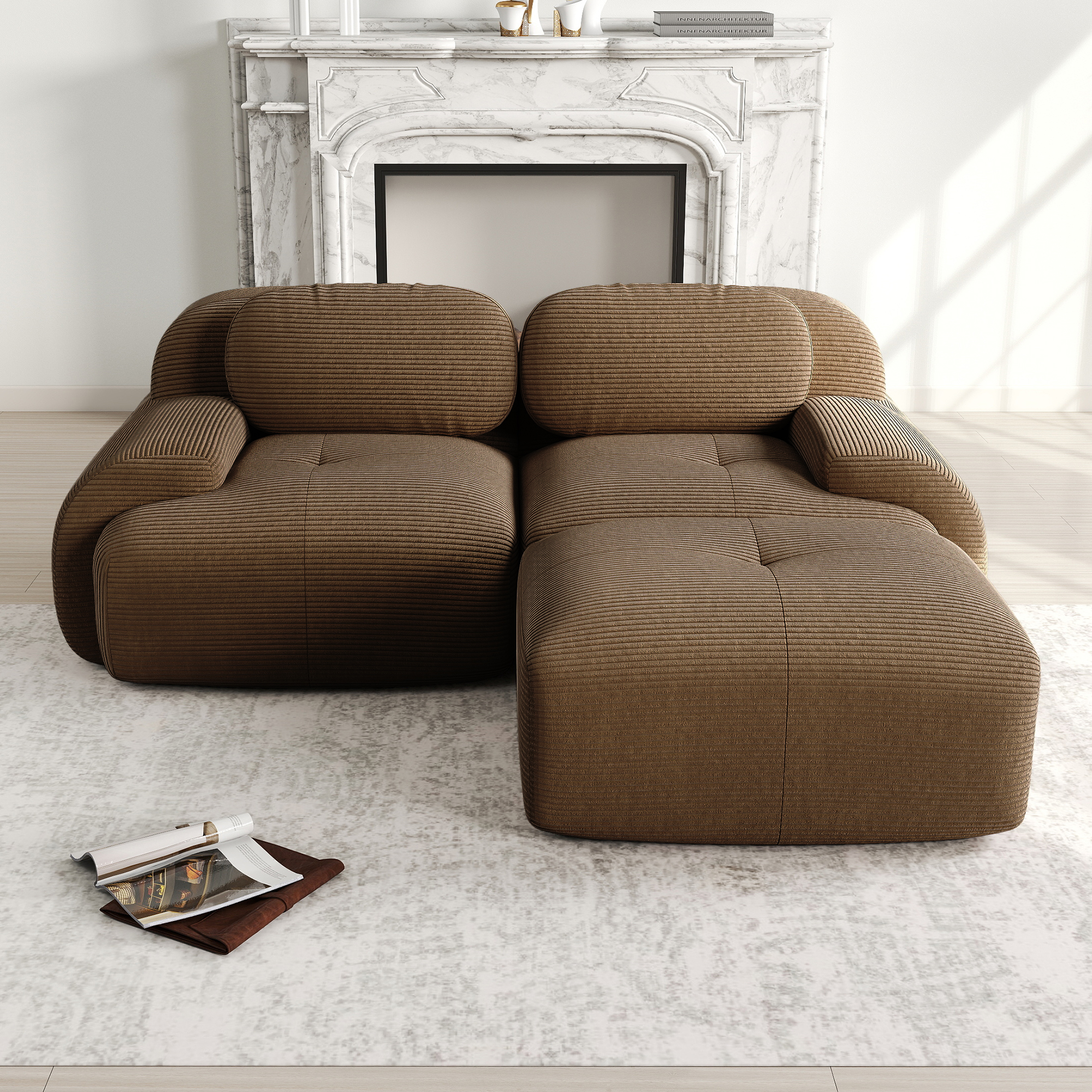 Canapé d'angle en cordonnet marron avec armrests courbés et structure sans cadre en mousse 32D