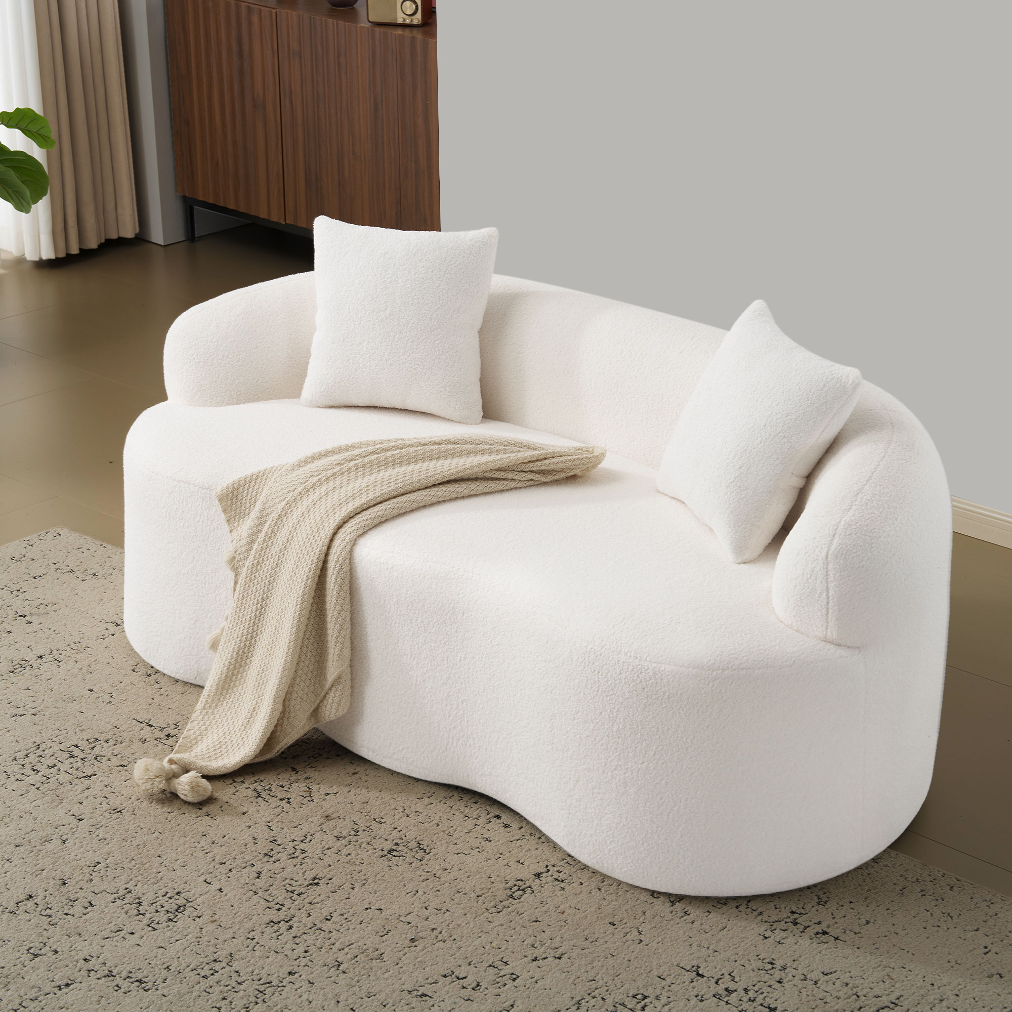 Canapé Droit Blanc Tissu Respirant avec Structure Mousse et Ressorts, Design Courbé Minimaliste pour Salon Moderne et Chambre